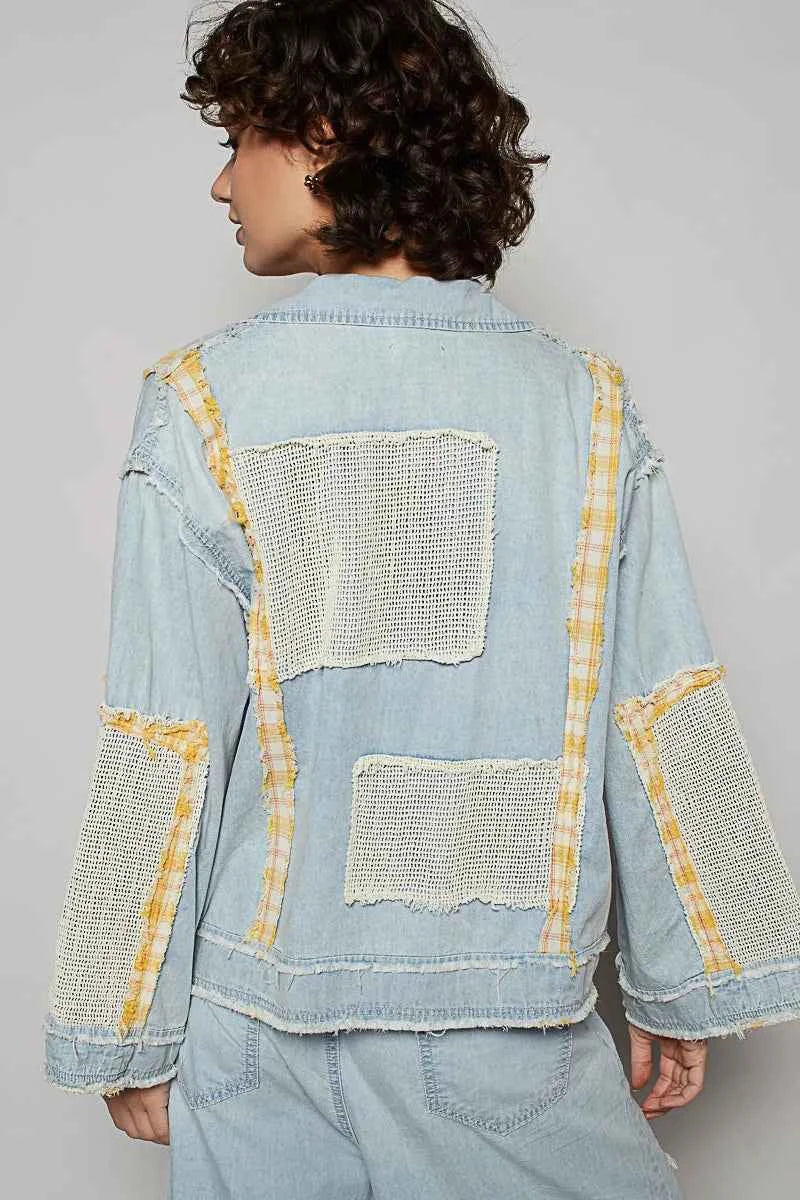 POL Raw Hem Zip Up Denim Jacket with Plaid and Crochet Patch 60560c3e-ce3a-460c-ae41-06741f9a79c1-Max-Origin