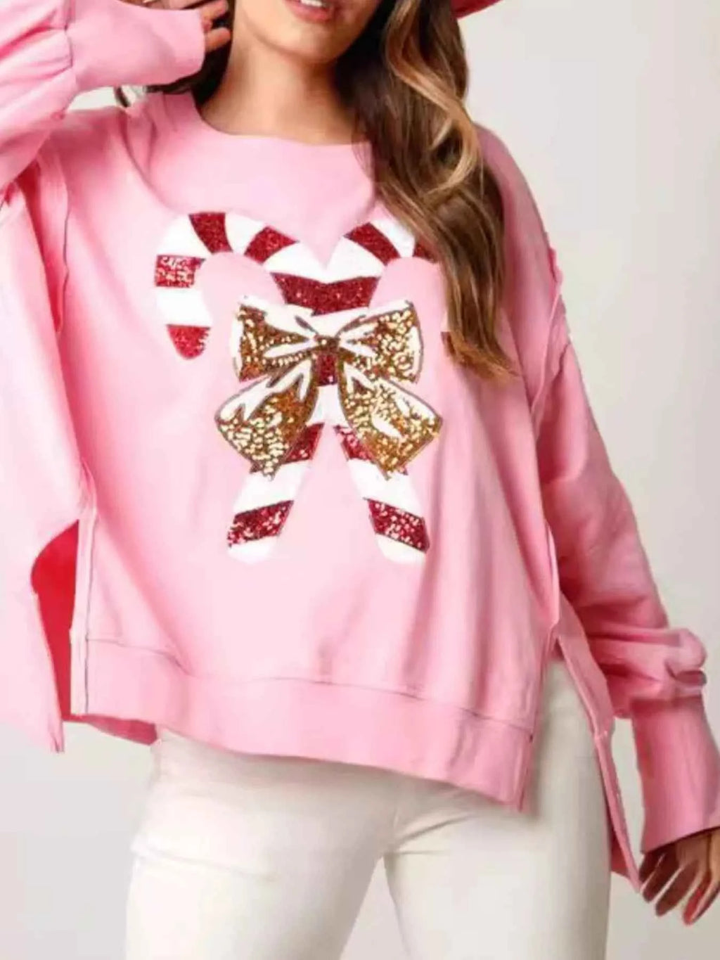 Christmas Candy Cane Bow Dropped Shoulder Sweatshirt 605c25bc-f0c4-43ad-a43e-37b1be7232c9-Max-Origin