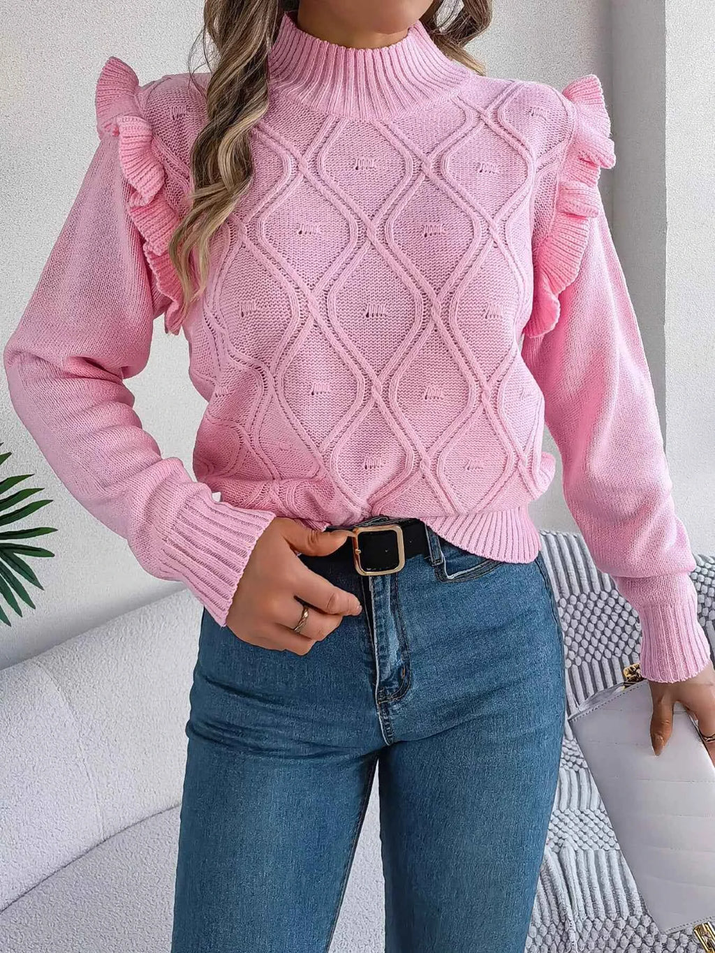 Mock Neck Ruffle Trim Long Sleeve Sweater Pink 607a96c8841f4a159ef11275849e0d26-Max-Origin