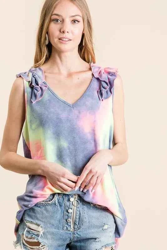 BiBi Tie Dye French Terry V Neck Top with Ruffle 607fe83ea0f74aa9b7405c60aea7a17c-Max-Origin