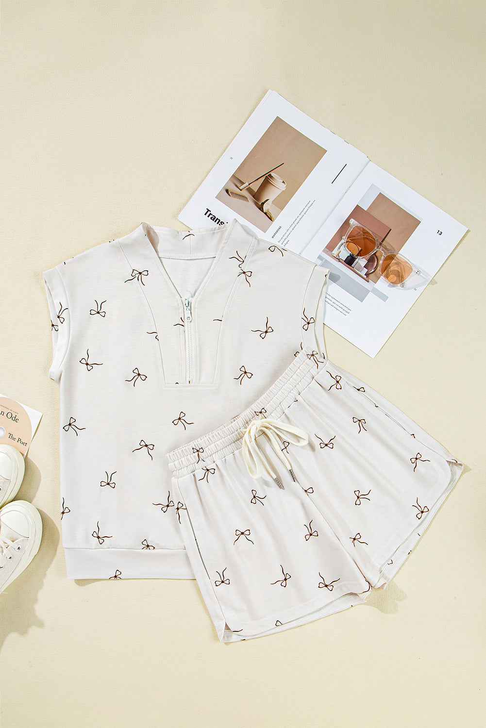 Beige Bow Print Half Zip Tank Top and Shorts Set 608ed5d1a1b11579