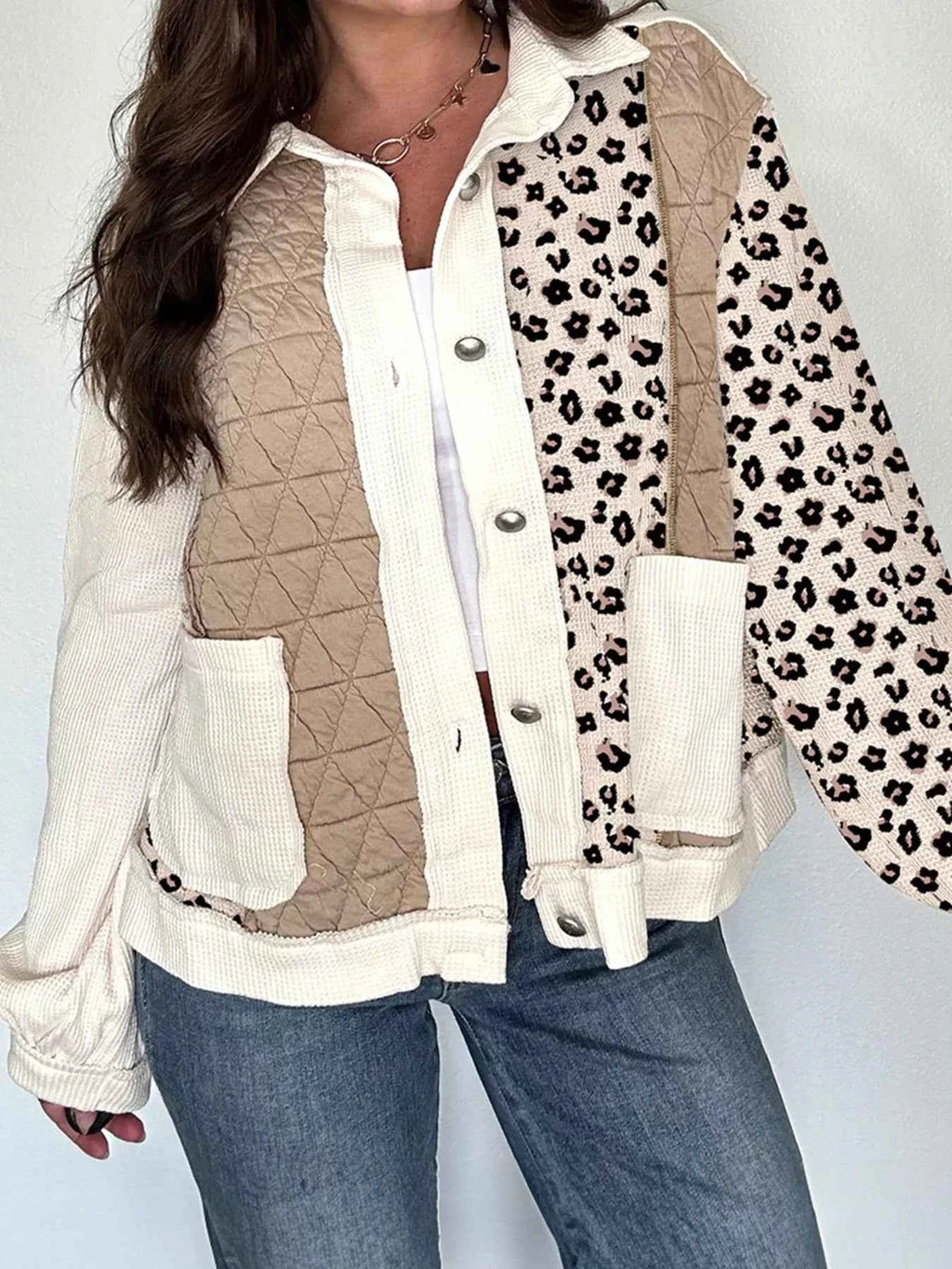 Leopard Waffle Quilted Patchwork Button Front Jacket 60a6887942ce4e58bd0c900fcc2f7450-Max-Origin