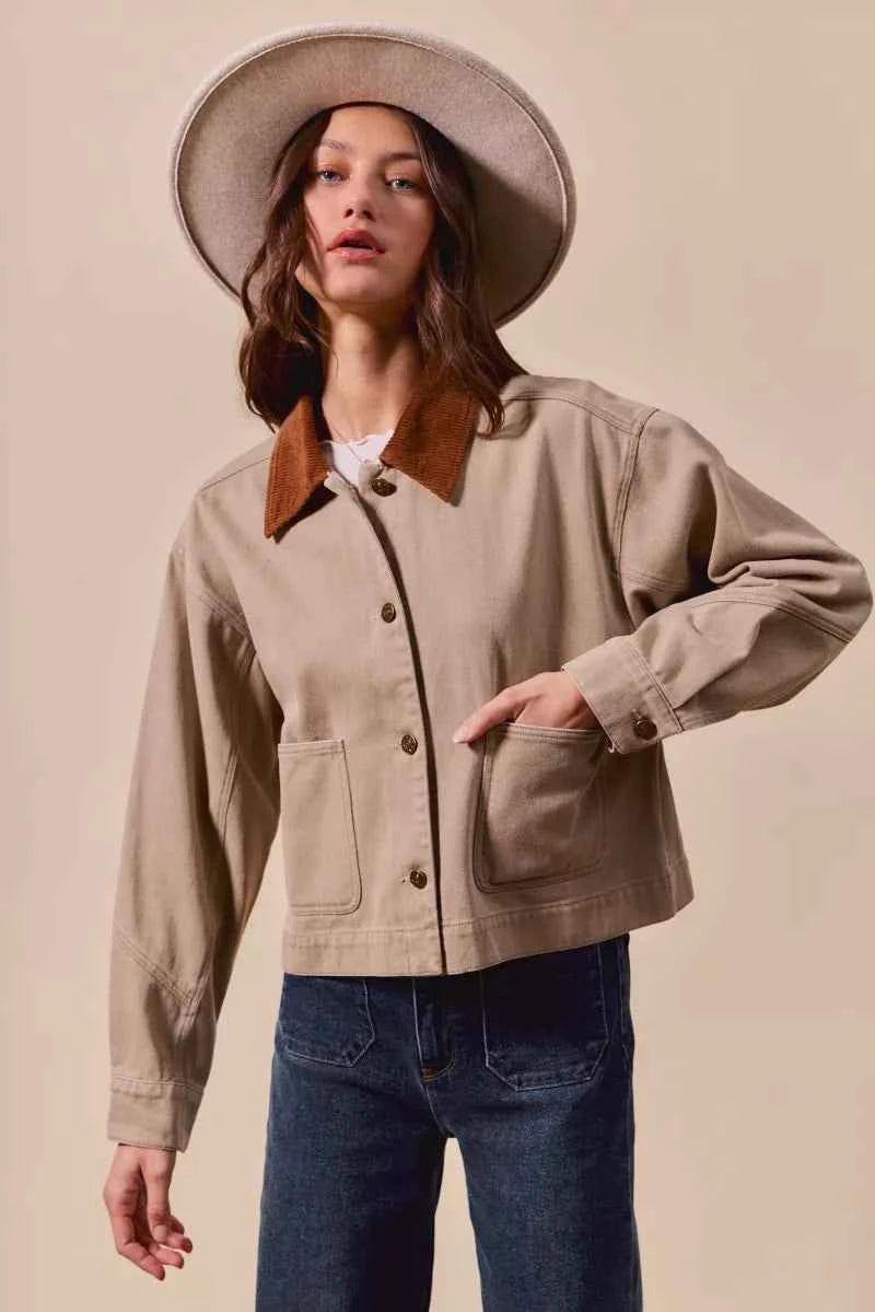 SO ME Cotton Twill Cropped Barn Jacket wtih Collar TAUPE 60af55328168497983f75c0deddd16a3-Max-Origin