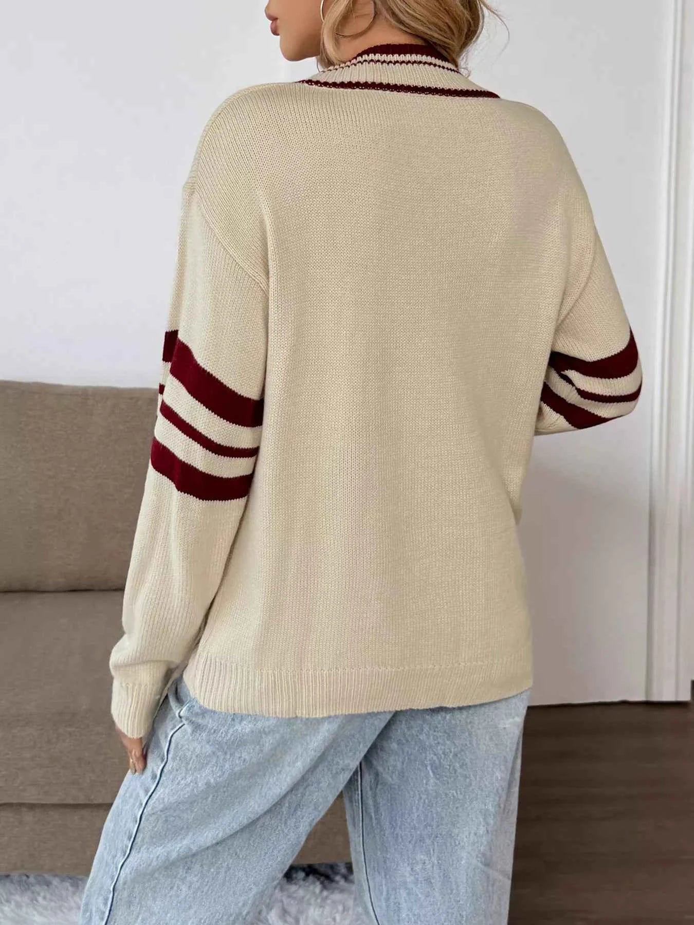 Contrast Trim V-Neck Long Sleeve Sweater 60b08419fa9f4902879f670ea031cc0d-Max-Origin
