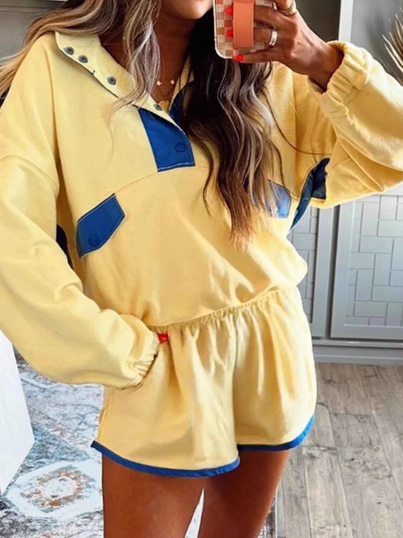 Color Block Patchwork Half Button Top and Shorts 2pcs Set Pastel Yellow 60b389d98fe540a49854472d600adacc-Max-Origin