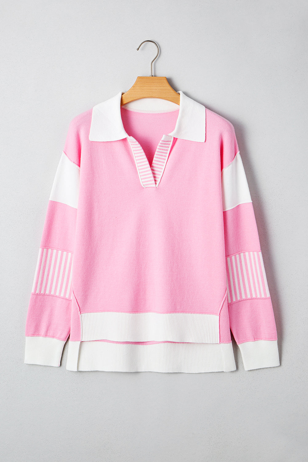 Pink Striped V Neck Collared Colorblock Patchwork Sweater 60ce3e850580810b