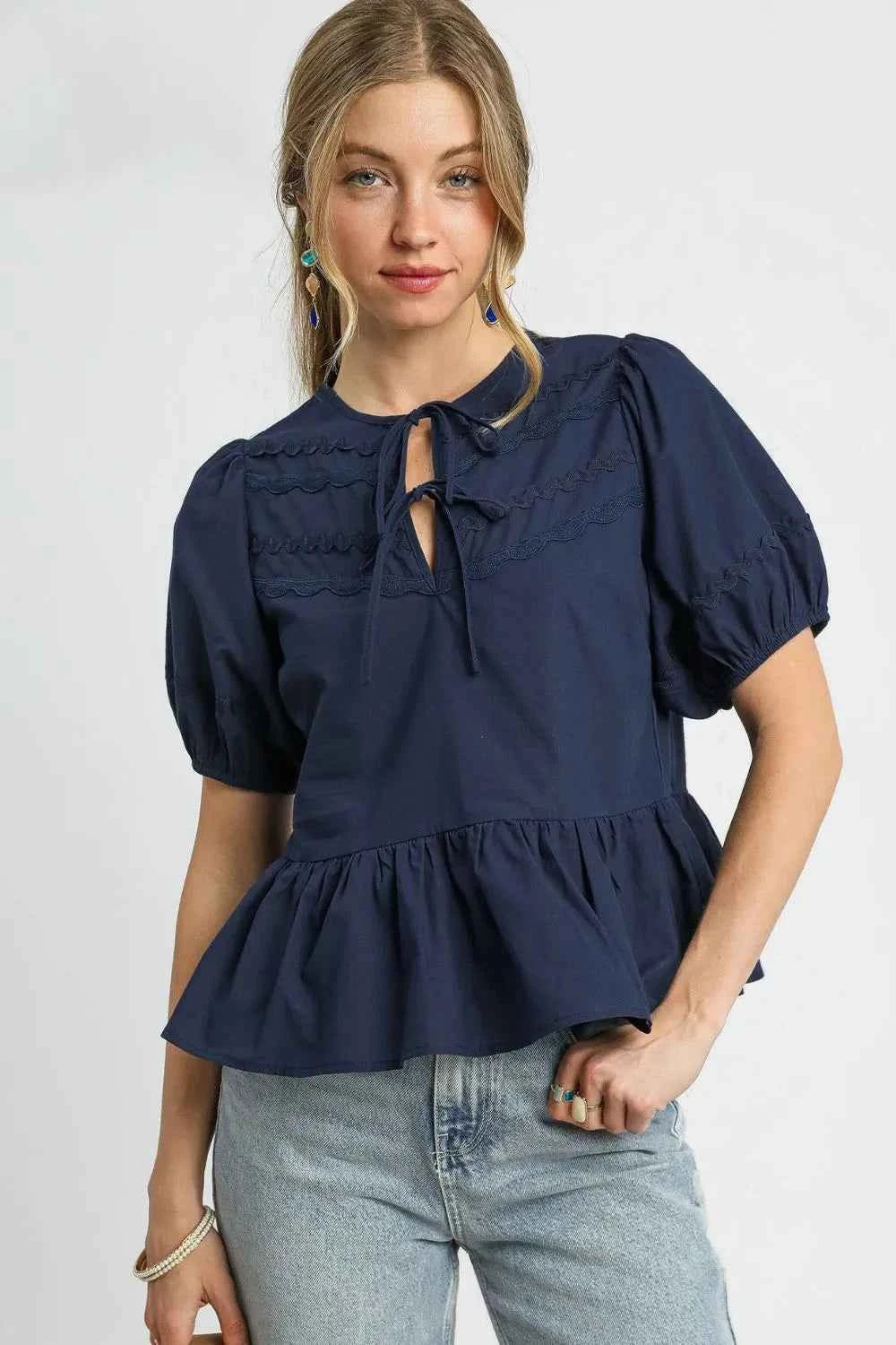 Umgee Tie Front Puff Sleeve Blouse 60f7352a-174a-4e7e-a2d5-8ffd1e7a5f4b-Max-Origin
