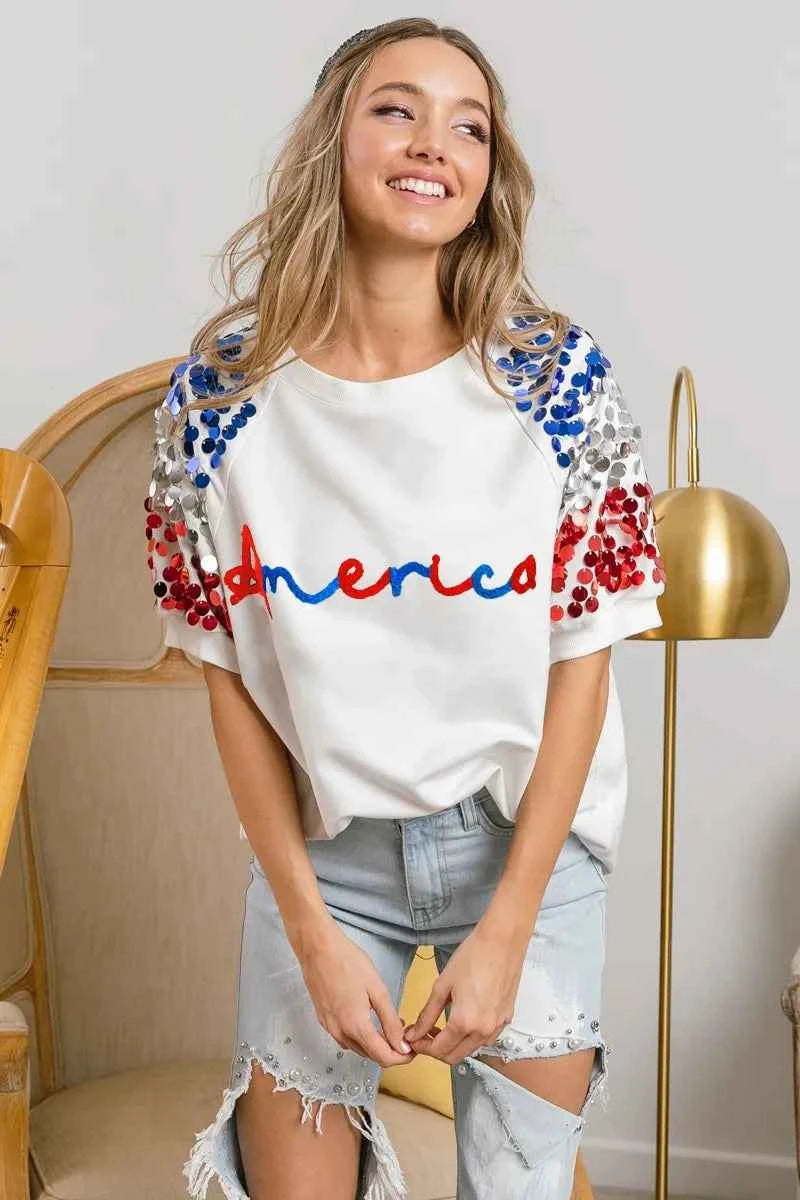 BiBi America Letter Applique Spangle Puff Sleeves Top 60ffdb90eb724178b8fae8545bac951e-Max-Origin