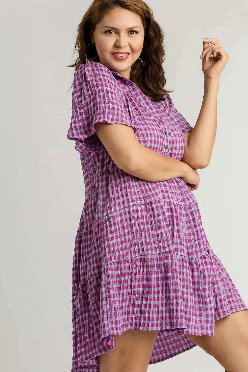 Umgee Full Size Gingham Tiered Button Detail Short Sleeve Dress Plus Size 60ffe659-c125-4f5d-a2c2-c19adfcd7134-Max