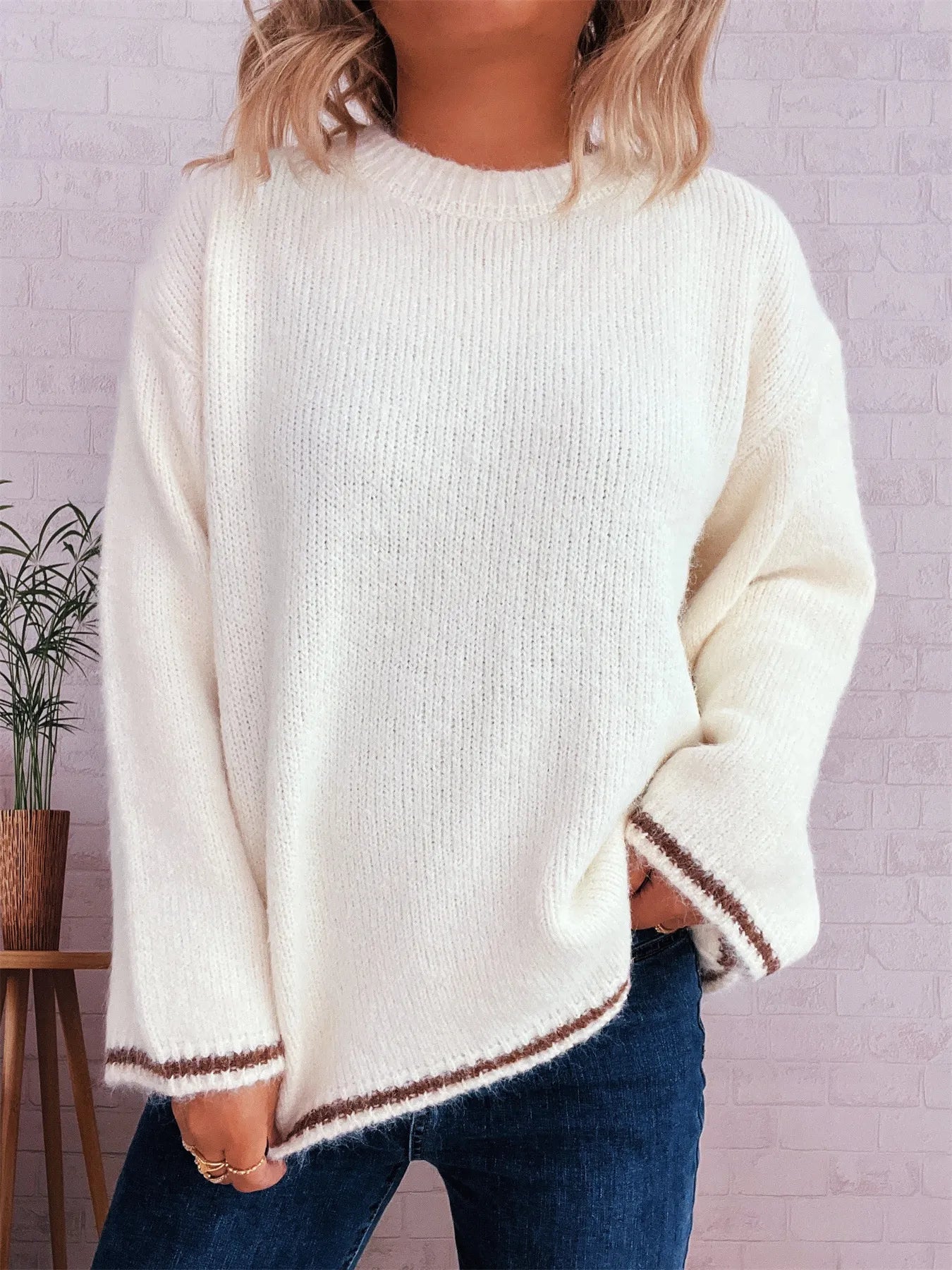 Contrast Trim Round Neck Cozy Sweater White One Size 6112ce8362144c63806992d7e5dd1961-Max-Origin