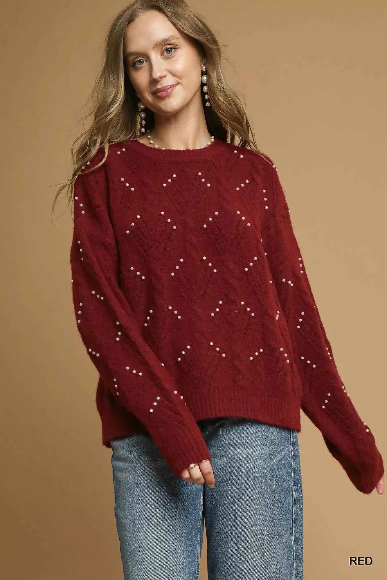 Umgee Pearl-Embellished Long Sleeve Sweater Red 611aa090-7563-463d-ac03-14c15077bd8d-Max-Origin