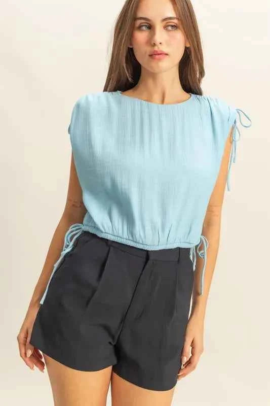 HYFVE Bubble Hem Side Tie Detail Round Neck Sleeveless Blouse Mint Blue 611ac4b1-3079-4492-a708-c5a3b1c1c23d-Max