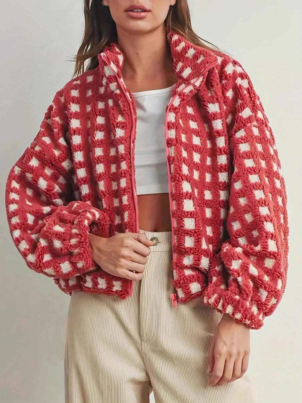 Fleece Checkered Puff Sleeve Bomber Jacket 611cebc0-c62f-493f-a235-153cadce2bef-Max-Origin