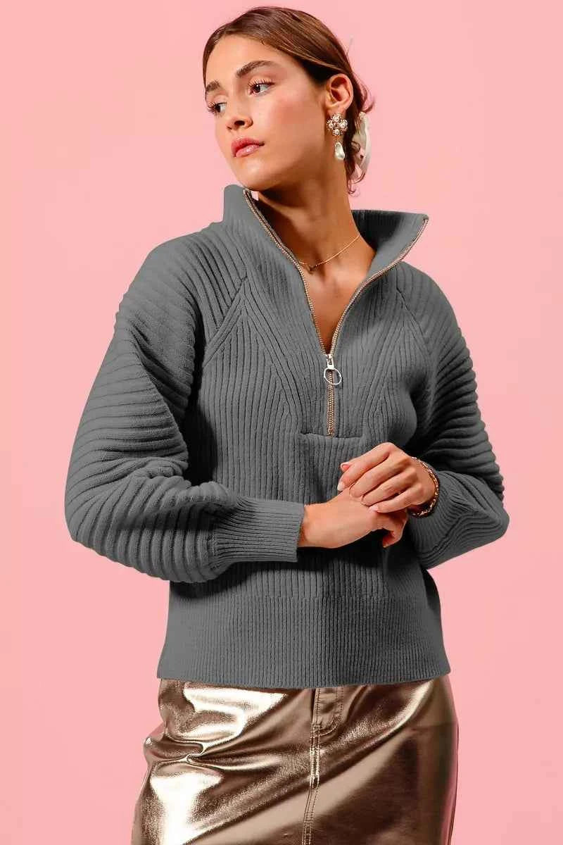 SO ME Half Zip Raglan Balloon Sleeves Ribbed Sweater CHARCOAL 61205125fb584f18800dfa81c007ee2c-Max-Origin