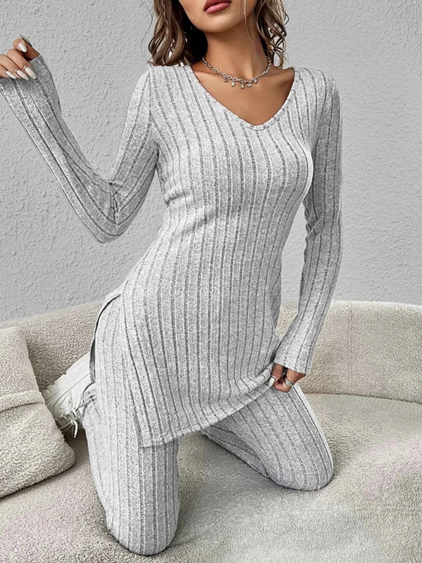 Slit V-Neck Ribbed Top and Pants Set 61245fb2715e4d1ca9e638d37efbd0f9-Max-Origin