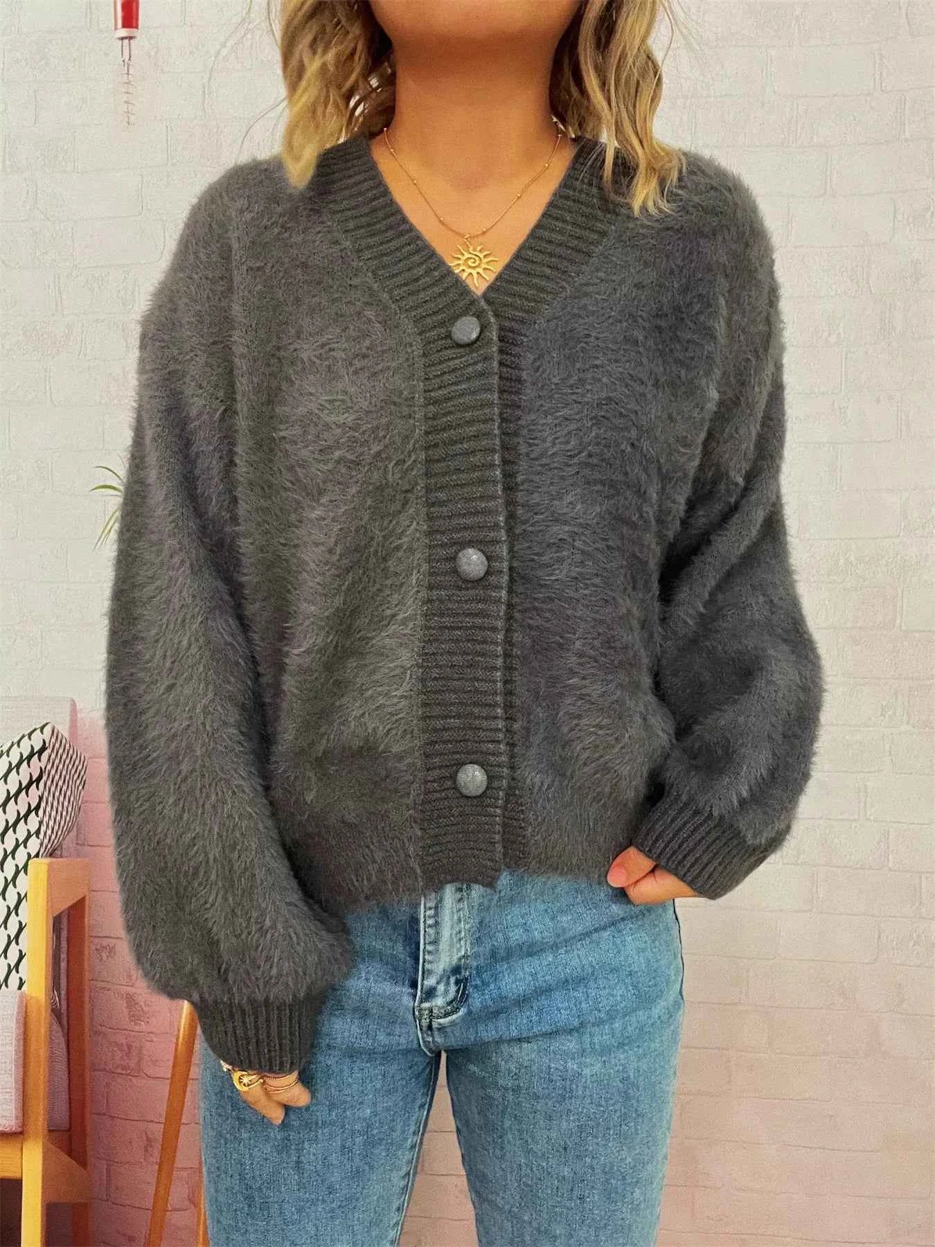 Fuzzy Button-Up Long Sleeve Cardigan Dark Gray One Size 61252bb5eb464ae98b47191c5f3f5a02-Max-Origin