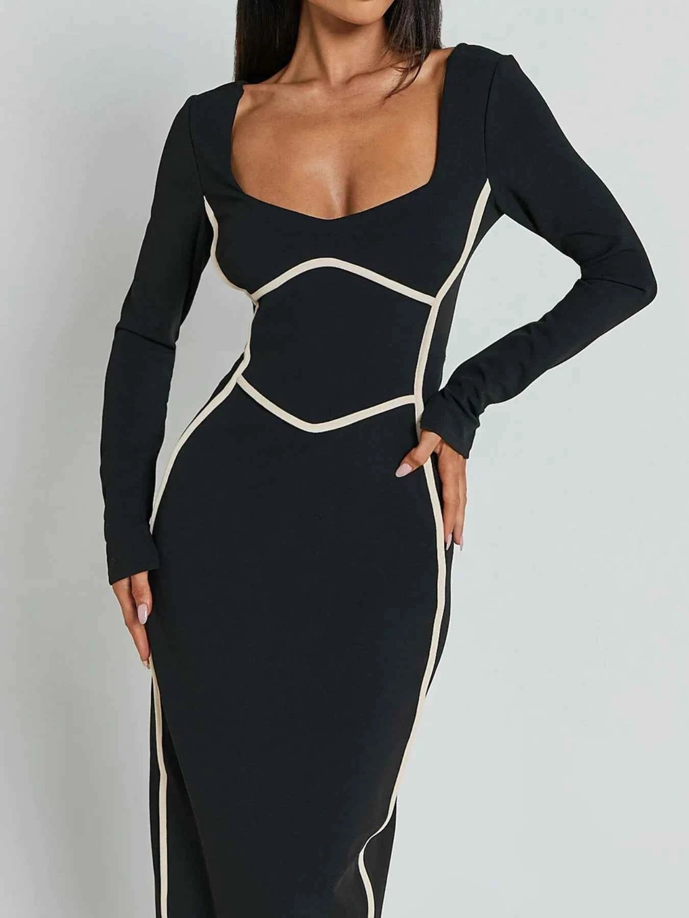 Contrast Trim Long Sleeve Bodycon Maxi Dress 612f5587-b2ca-4120-a992-df6f1fb8ec70-Max-Origin