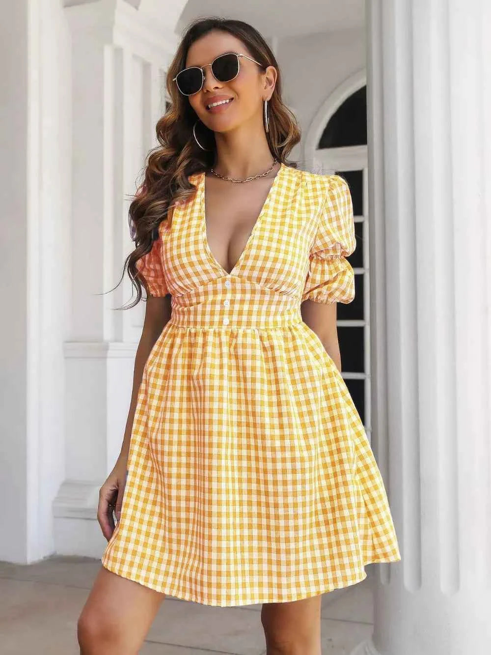 Decorative Button Plaid Short Sleeve Dress Yellow 6135b716-a50d-442b-9de3-5ad1a69a9d3b-Max