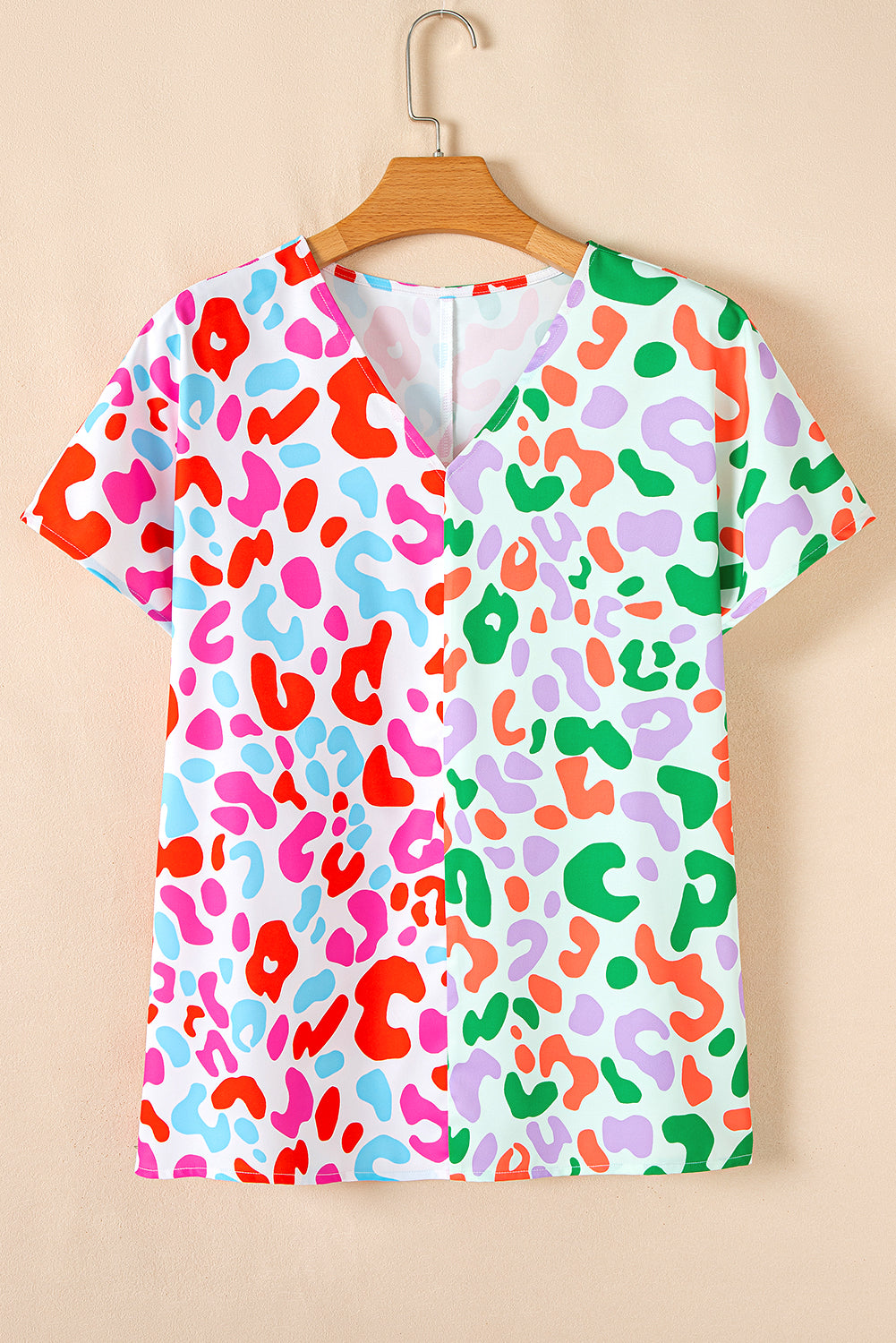 Green Leopard Print Patchwork V Neck Short Sleeve Blouse 6136aaab1739e5ce