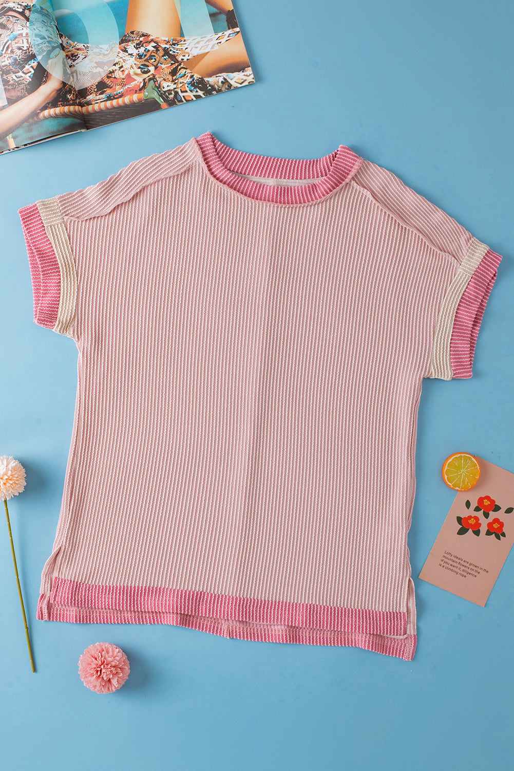 Rose Red Textured Colorblock Round Neck T Shirt 61404f12503fe180