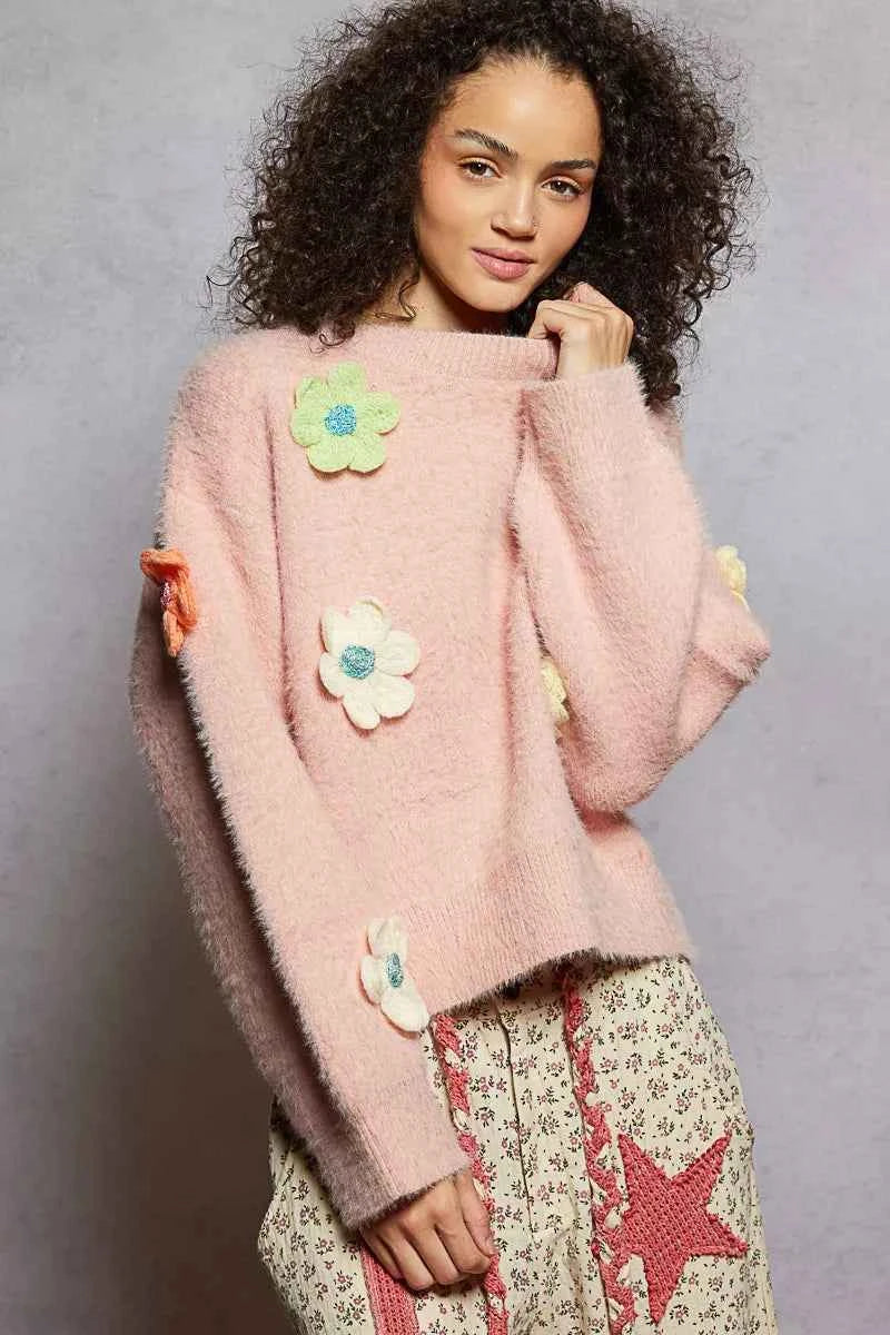 POL Round Neck Long Sleeve Sweater with 3D Floral Patch Detail 61442488-fcbb-4079-8523-cbcfff3377c7-Max-Origin