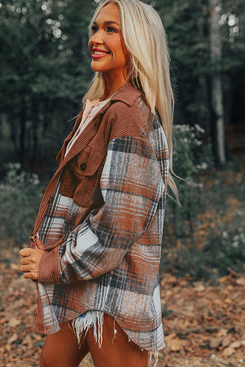 Cinnamon Plaid Corduroy Patchwork Pocket Loose Shacket 614cb7dea16a8744