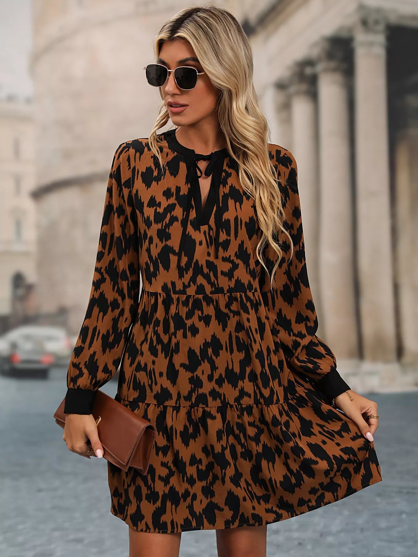 Leopard Tie Neck Long Sleeve Dress 615a3880-5866-4faa-8583-6a45e7c8c875-Max-Origin