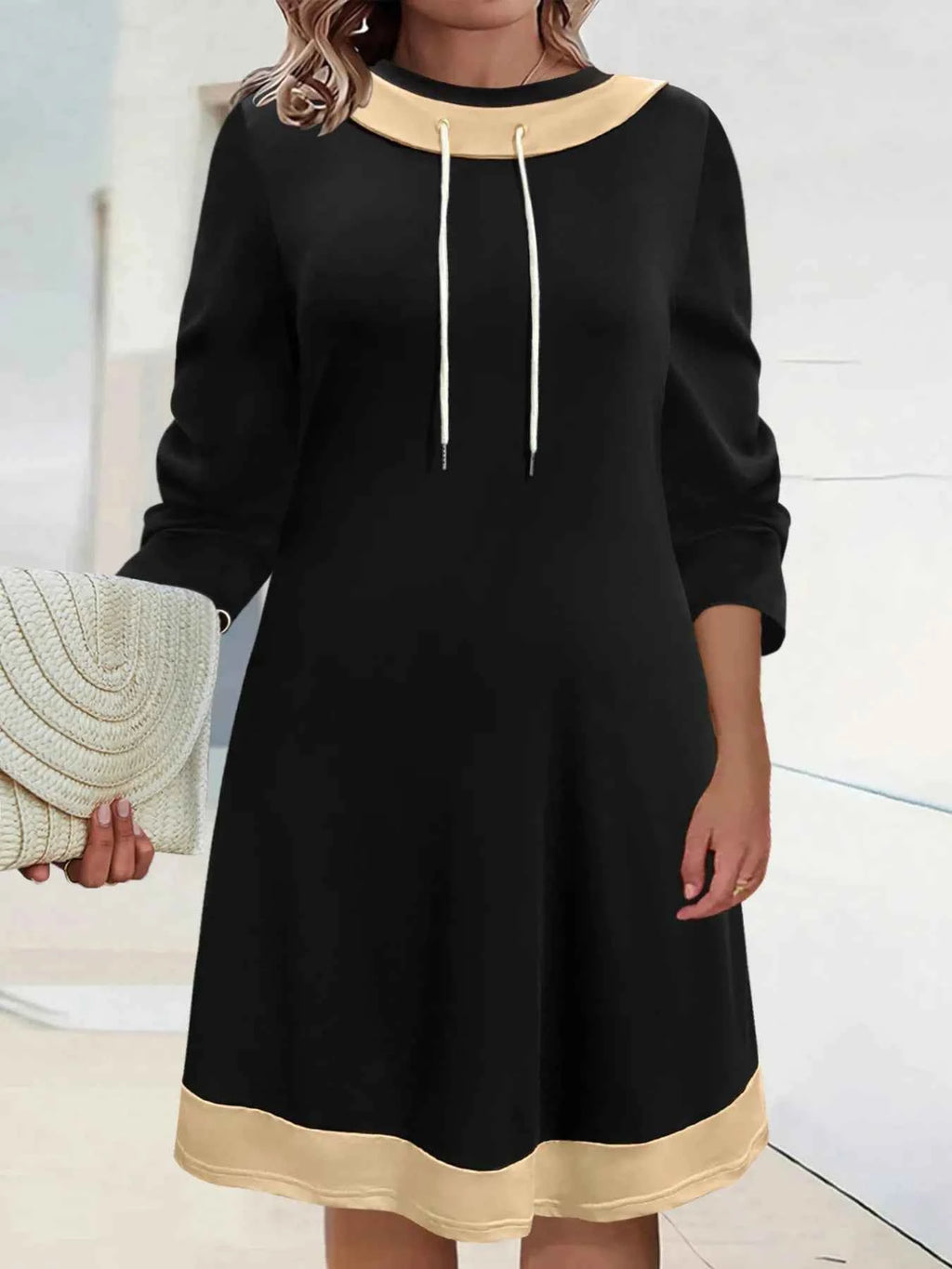 Plus Size Contrast Trim Drawstring Long Sleeve Mini Dress Black 61609b85de78413b9539c3e818335ec8-Max-Origin