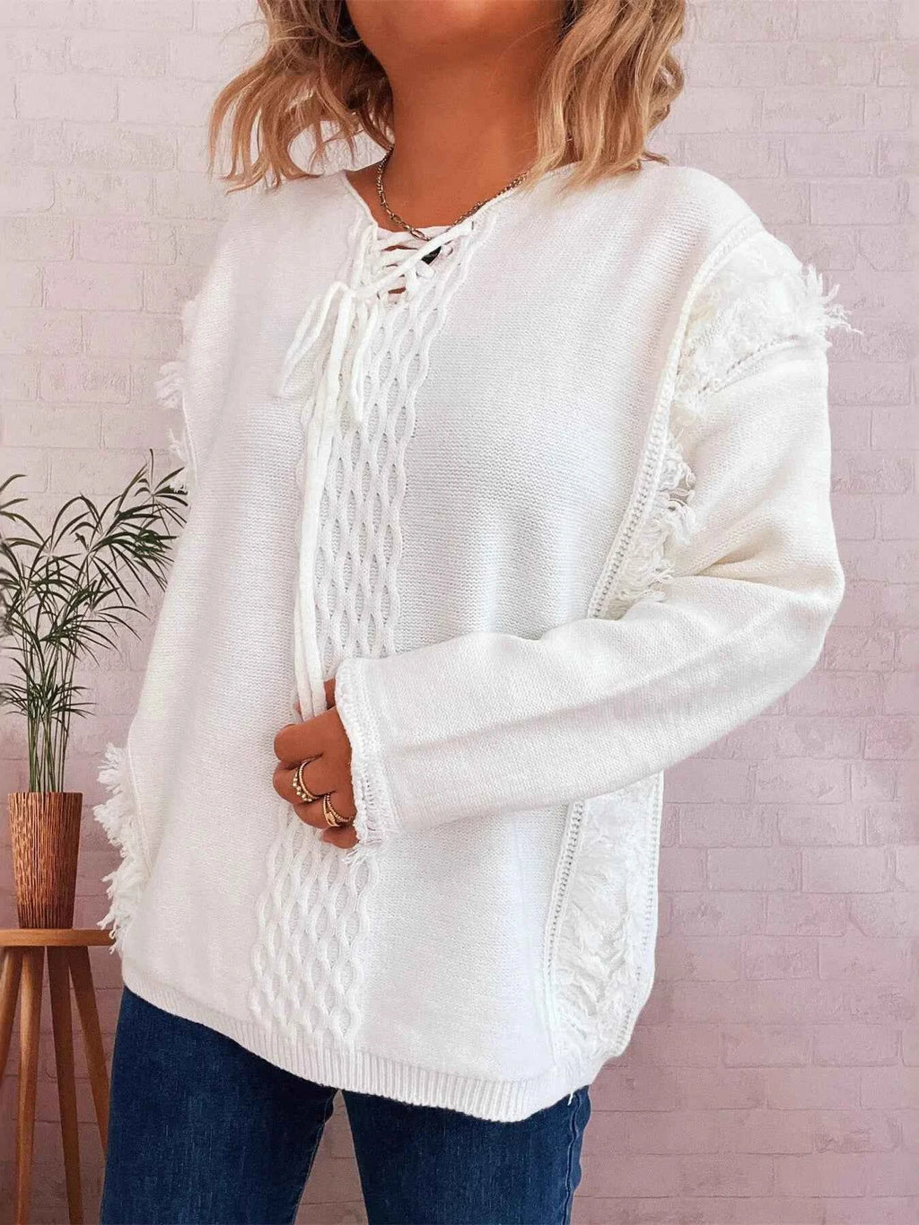 Raw Hem Lace Up Front Sweater 6163891b32bd44d094db312fadd216fa-Max-Origin