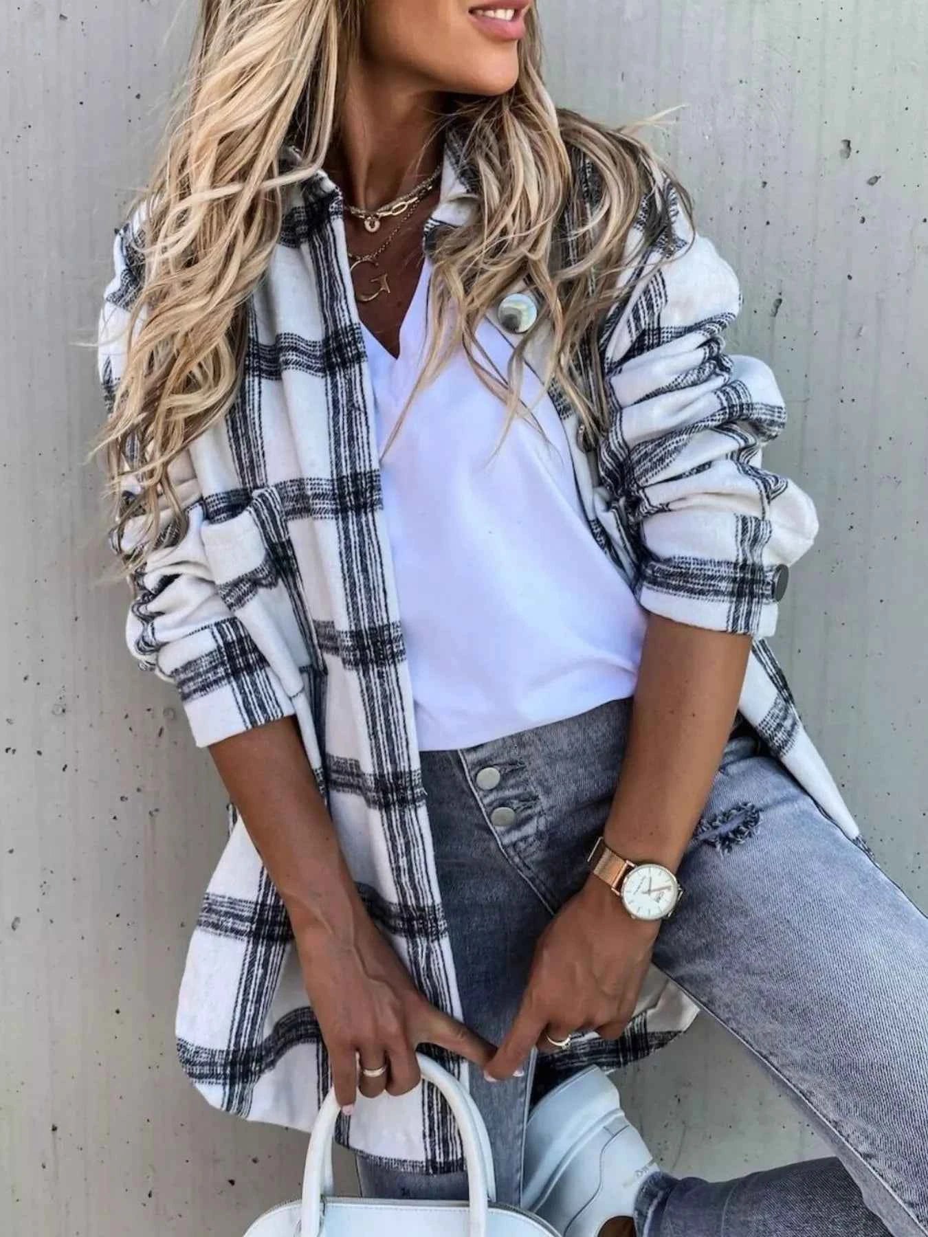 Oversized Plaid Button-Up Longline Shirt White 61641617-1b19-44e0-970a-4716f1eae507-Max-Origin