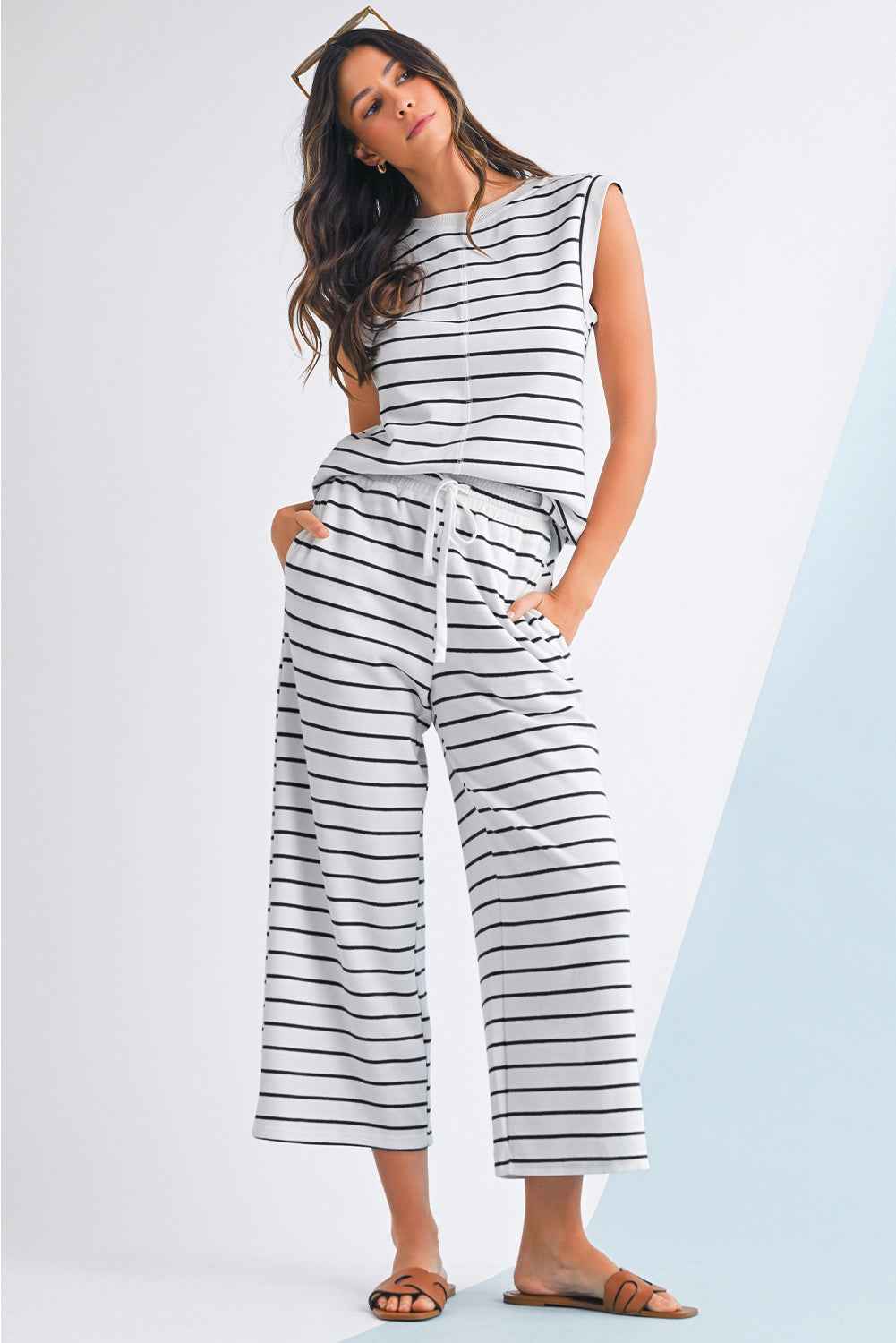 Sail Blue Casual Striped Tee and Wide Leg Pants Set 6164bcbae6393769