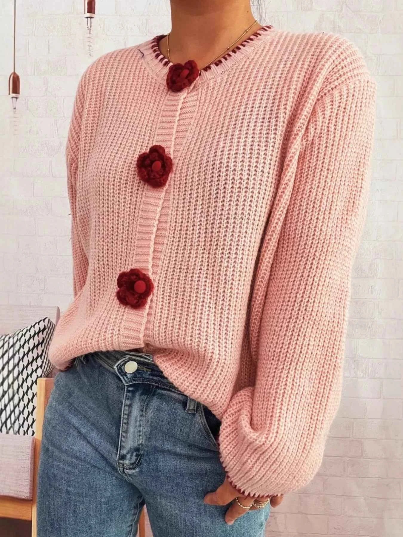 Flower Button Long Sleeve Cardigan 6165e3f6fae6420da77076656bbb3e2b-Max-Origin