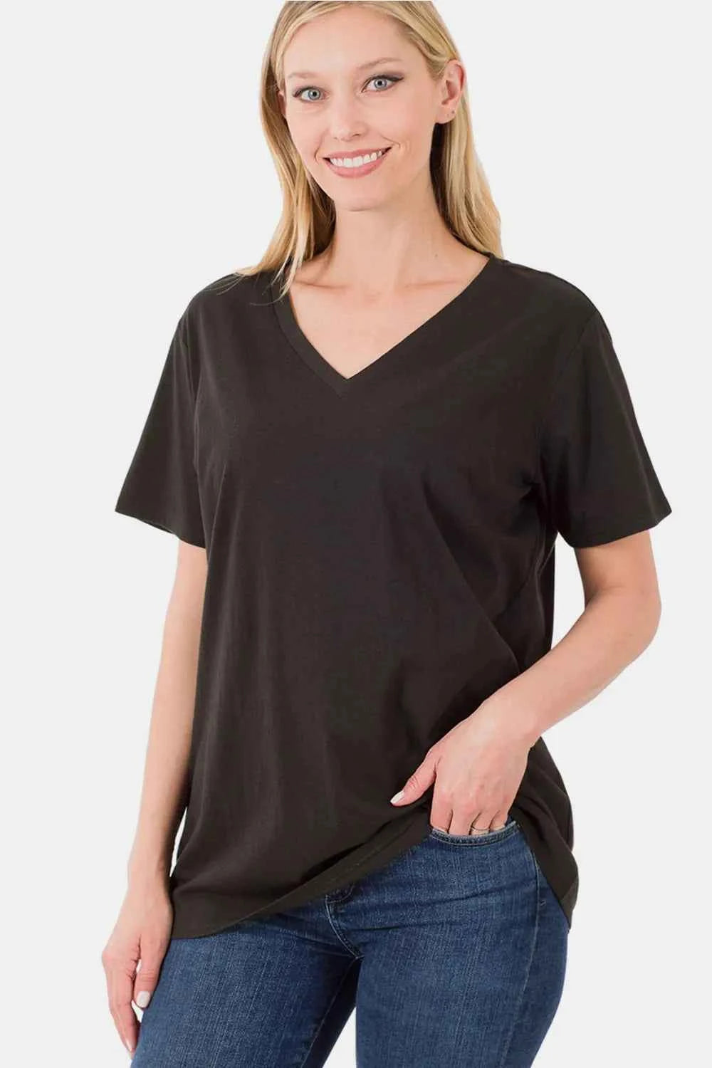 Zenana Full Size V-Neck Short Sleeve T-Shirt Black 6171dc94-cfa7-4bb7-a09b-f53b1450a3f0-Max