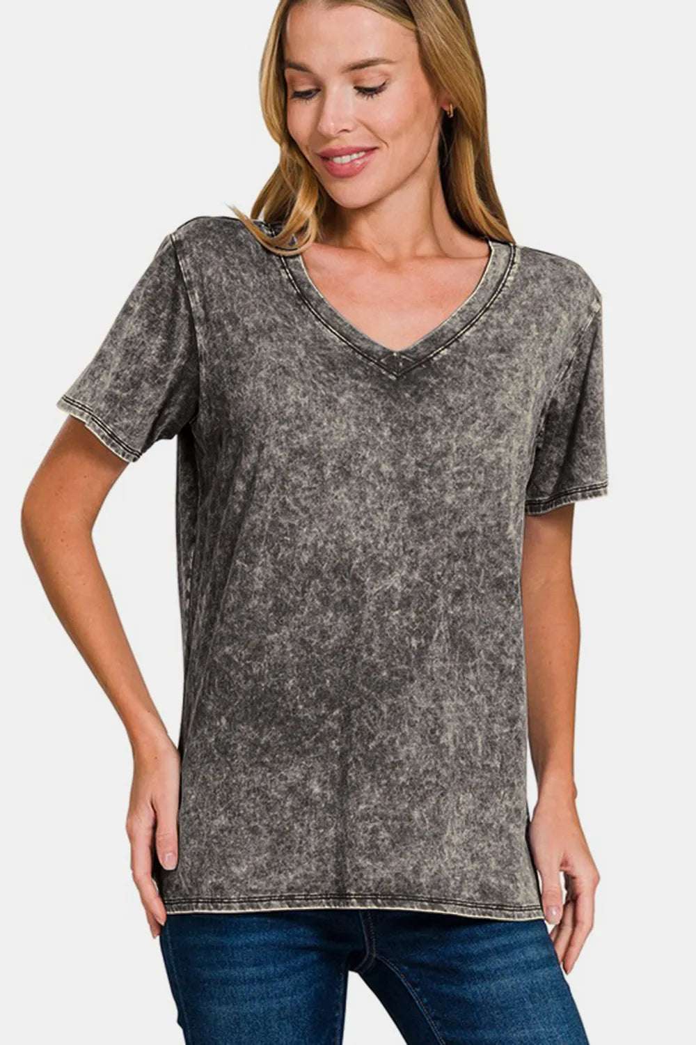 Zenana Full Size Washed Short Sleeve V-Neck T-Shirt Dark Gray 6177c687-6585-40ee-976f-f5d728e6612a-Max-webp_2