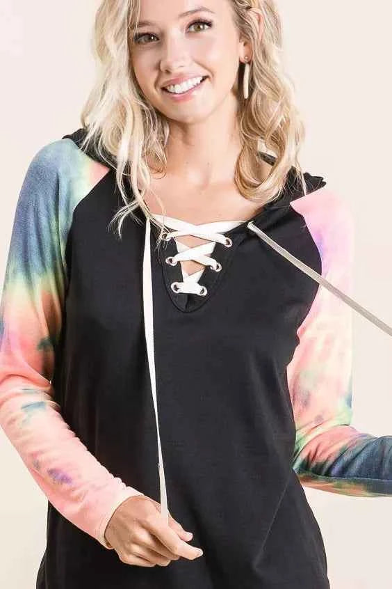 BiBi French Terry Lace Up Hoodie With Tie Dye Sleeves BLACK CHARCOAL TIEDY 6180afb36fdd499cb4bc3402a9daba36-Max-Origin