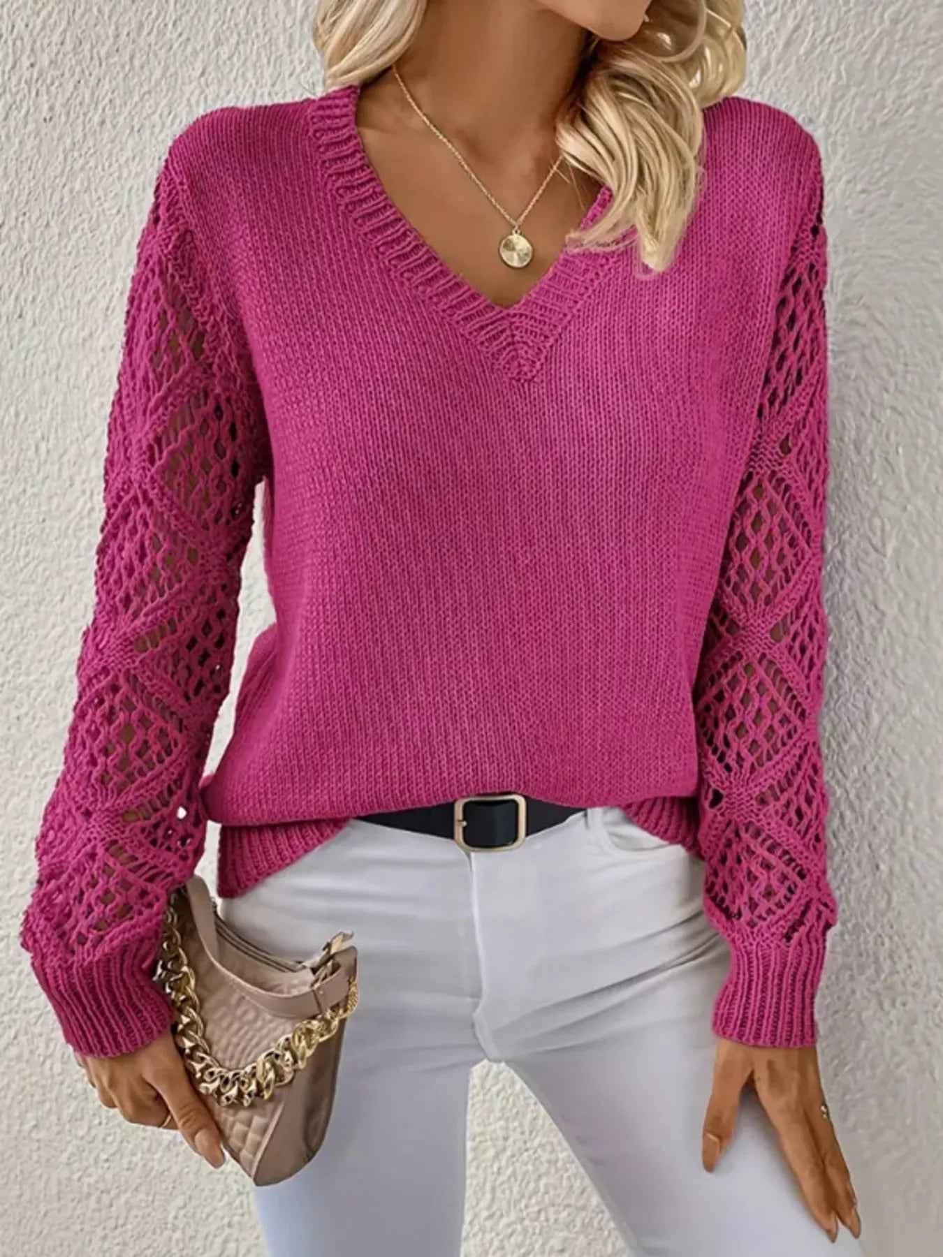 Openwork V-Neck Long Sleeve Sweater Deep Rose 618105e140e44e26b0ac8bd3272c7145-Max-Origin