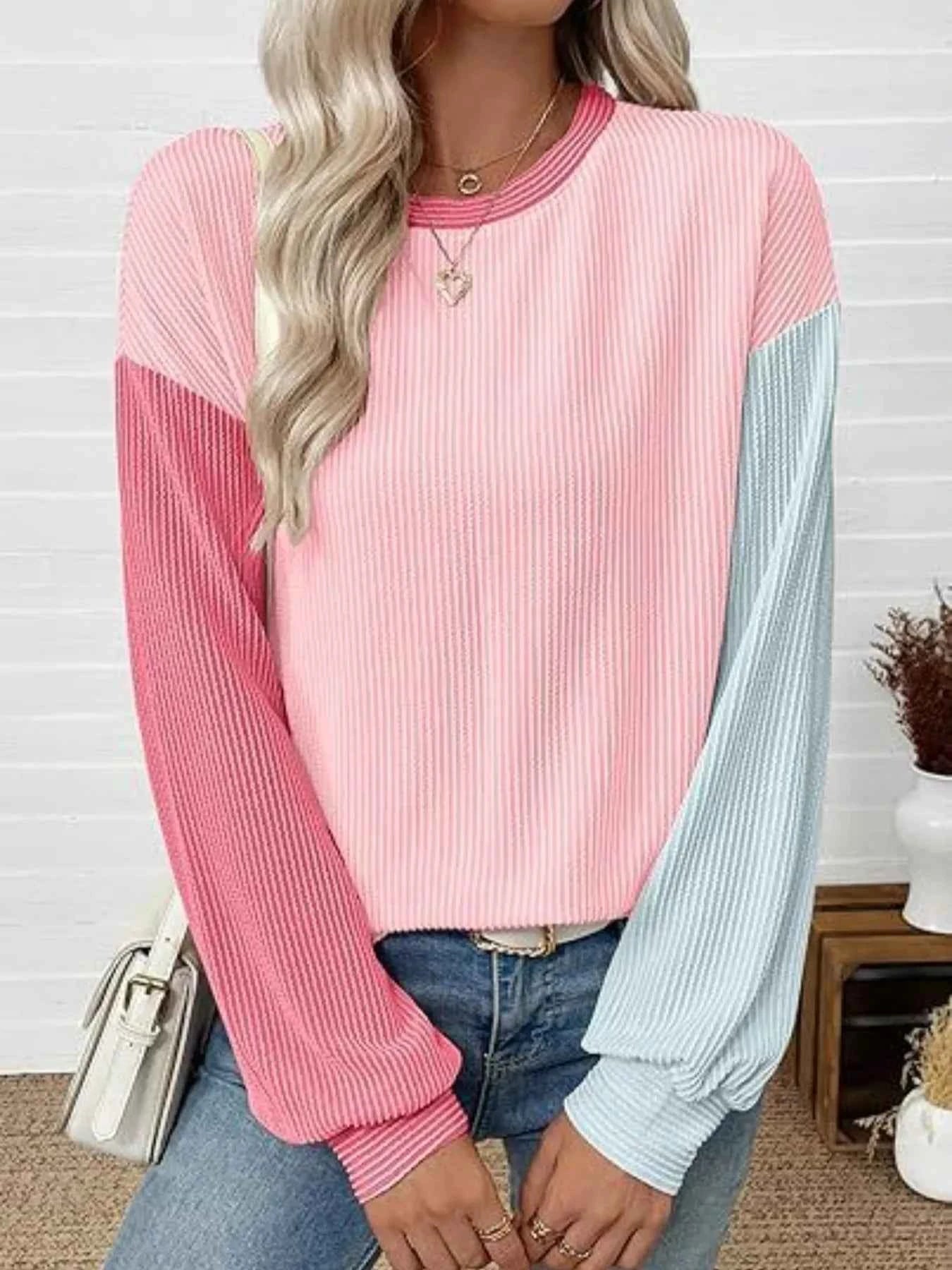 Color Block Ribbed Long Sleeve T-Shirt 61856b14-577b-4a95-bc97-5913813cb13f-Max-Origin