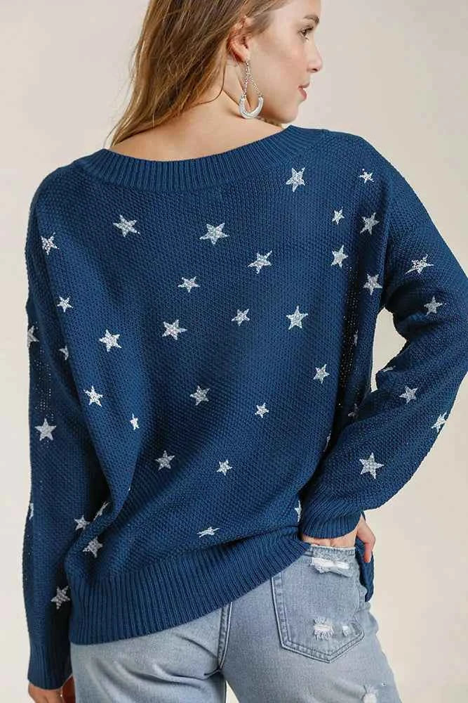 Umgee Full Size Star V-Neck Long Sleeve Sweater Plus Size 618b9da7-0c16-4c8b-aef9-1d71514fec42-Max
