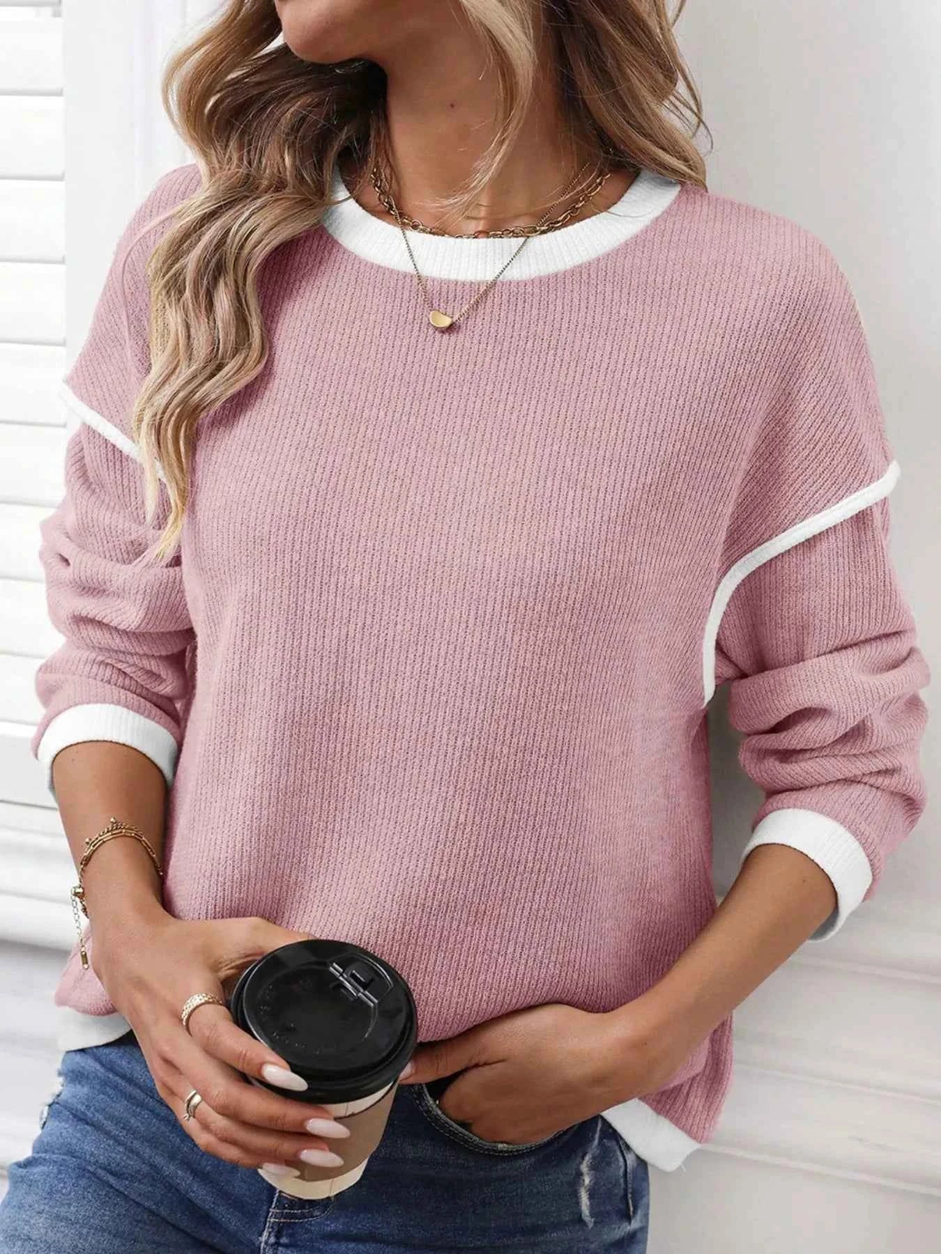Contrast Color Trim Knit Drop Shoulder Loose Top Dusty Pink 61a8b40f01414936bc97046ac03aa870-Max-Origin
