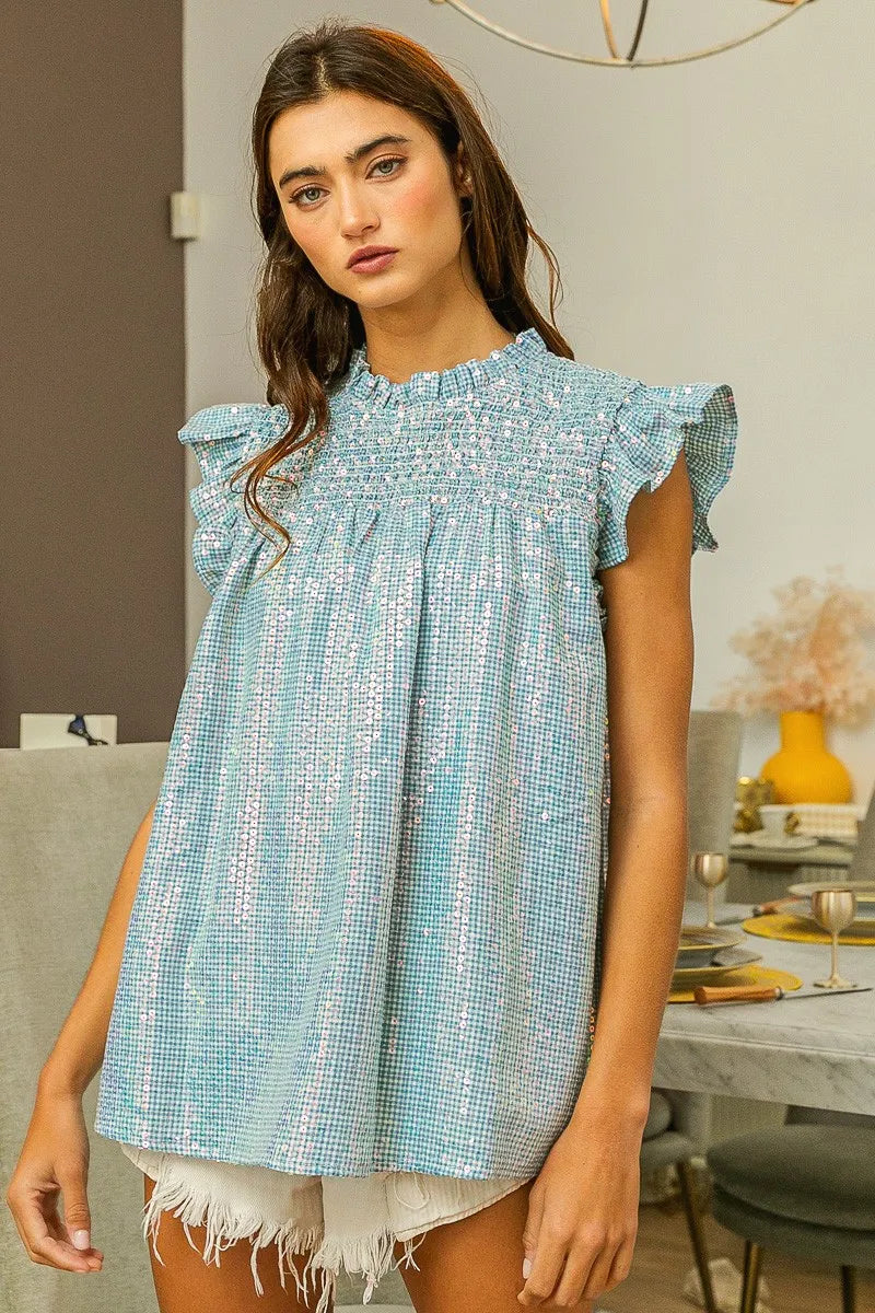 BiBi Clear Sequin All-over Gingham Smocked Top 61a9ecff5f3946a7bf21bfeb44d370a0-Max-Origin