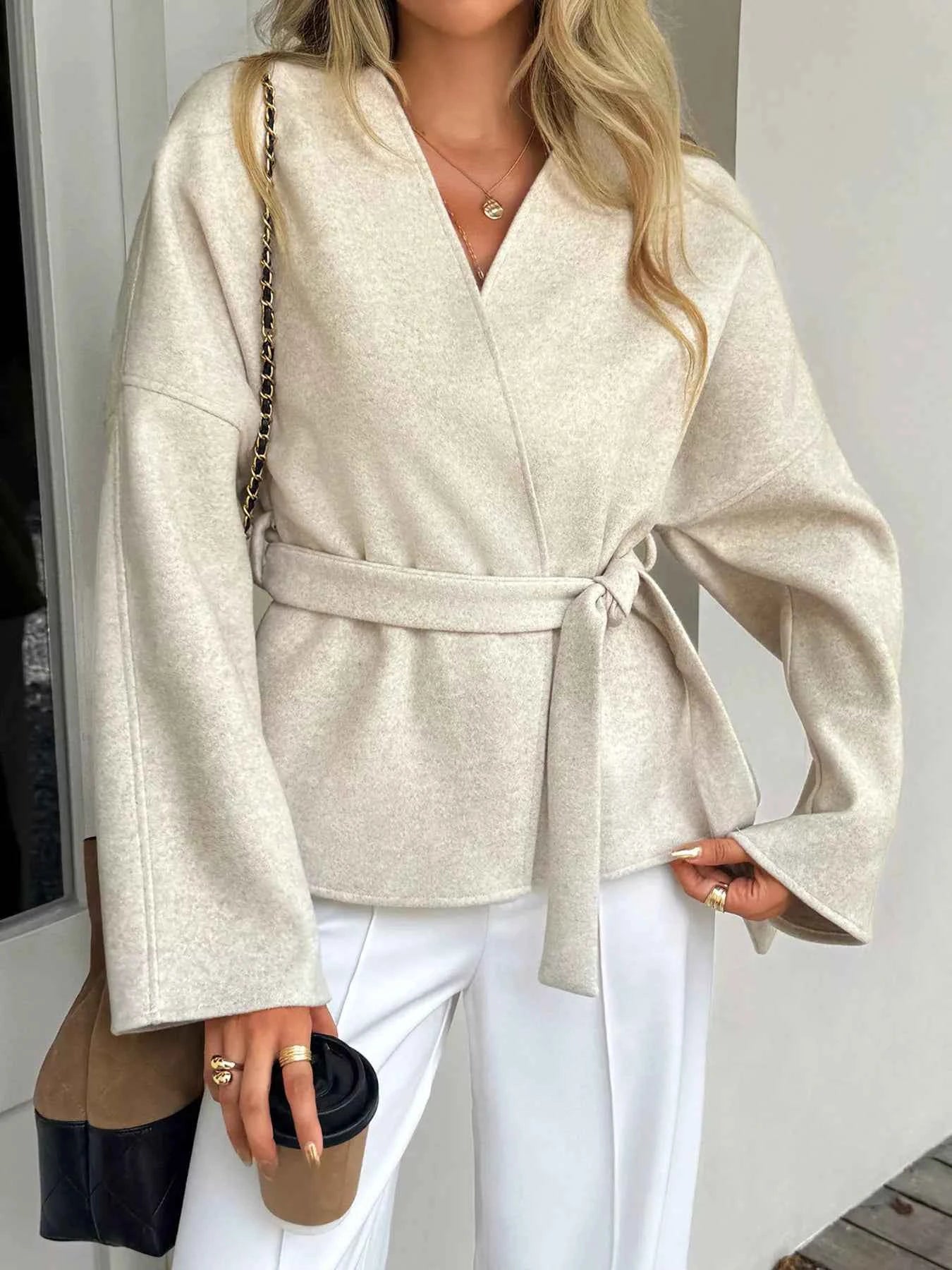 Surplice Dropped Shoulder Tie Belt Outerwear Apricot 61aa18cdc4bc47f498f8d3ebe3321dca-Max-Origin