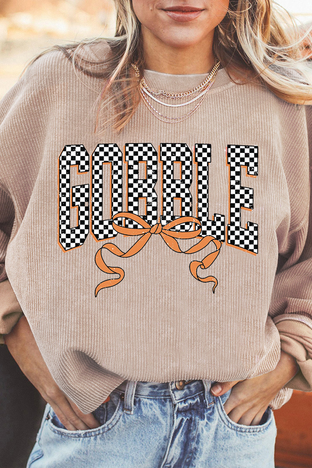 Apricot Twisted Ribbed Texture Checkered GOBBLE Bow Heat Transfer Printing Sweatshirt 61bd38523f6b221a