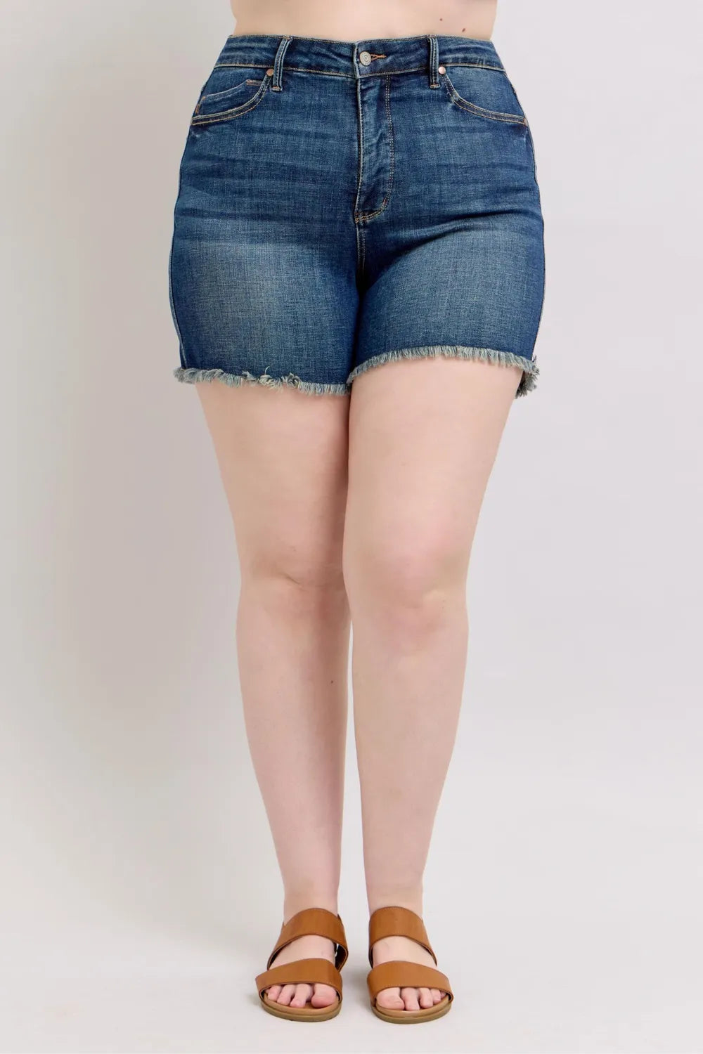 Judy Blue Tummy Control Fray Hem & Shield Back Pockets Denim Shorts 61bf1e65-212e-4089-aa27-5ae9be39147a-Max