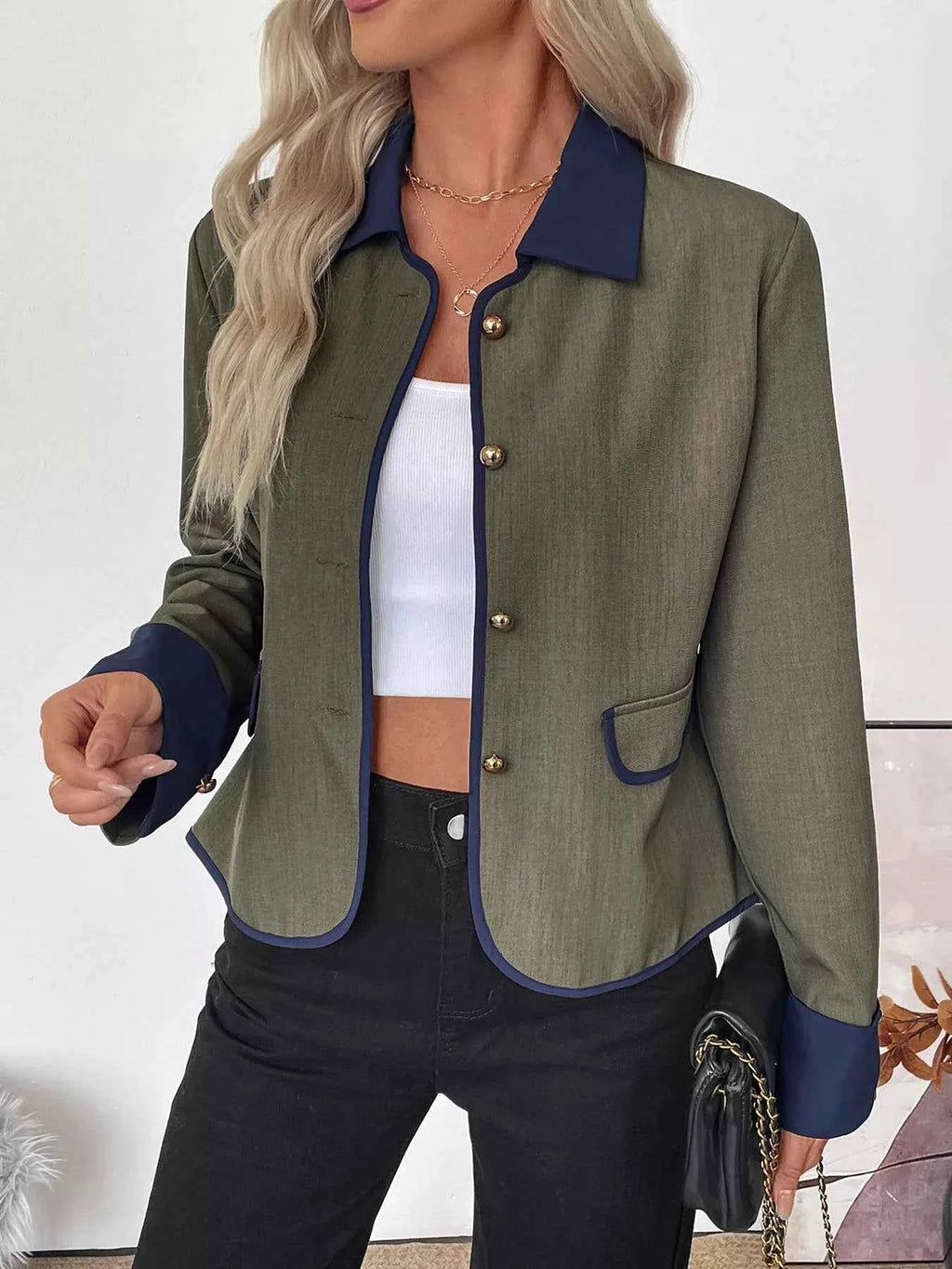 Contrast Trim Button-Up Jacket Green 61c0107b70c9459db0c735e8e8a14edb-Max-Origin