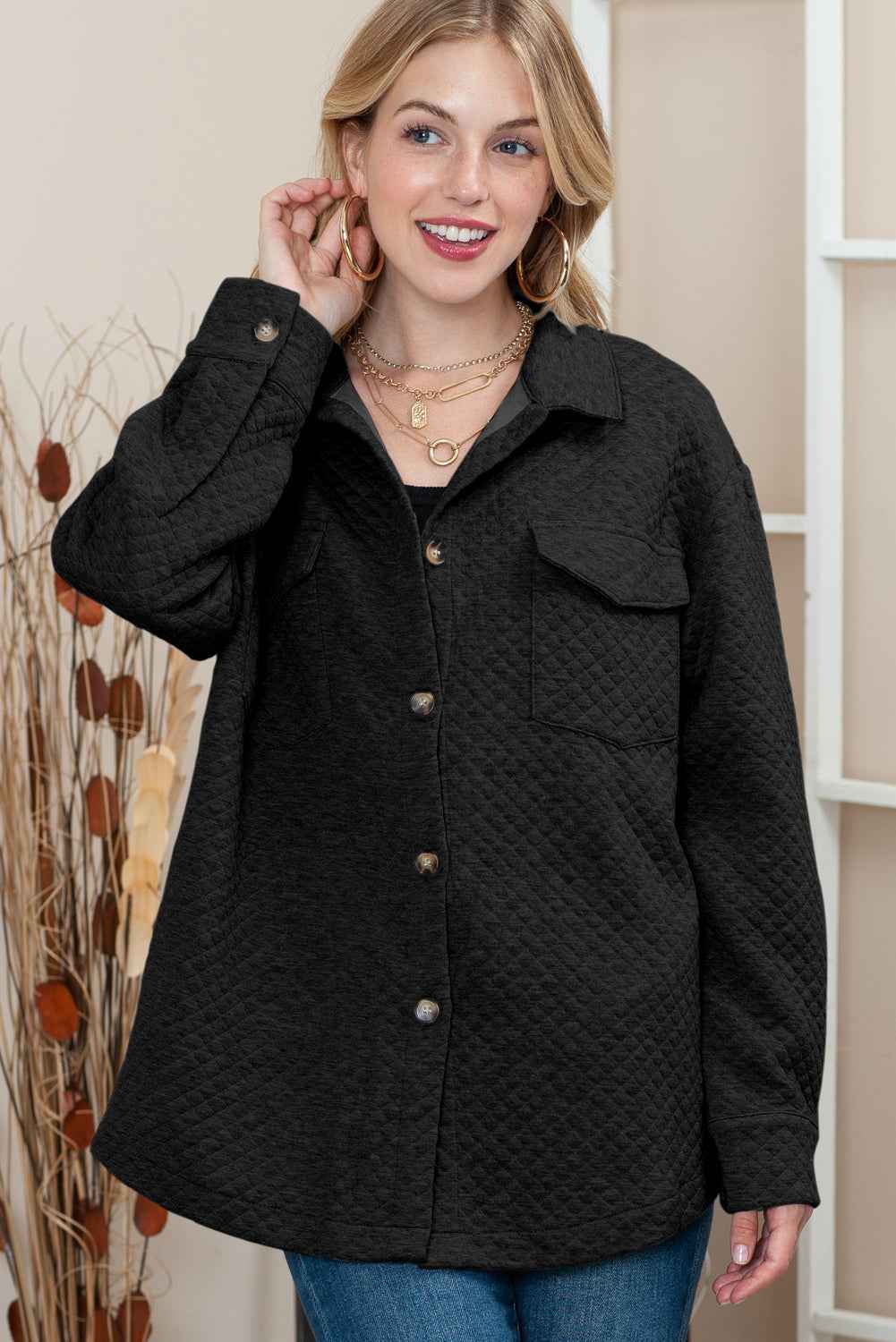 Black Lattice Texture Retro Flap Pocket Button Quilted Shacket 61d4e0081c723f25