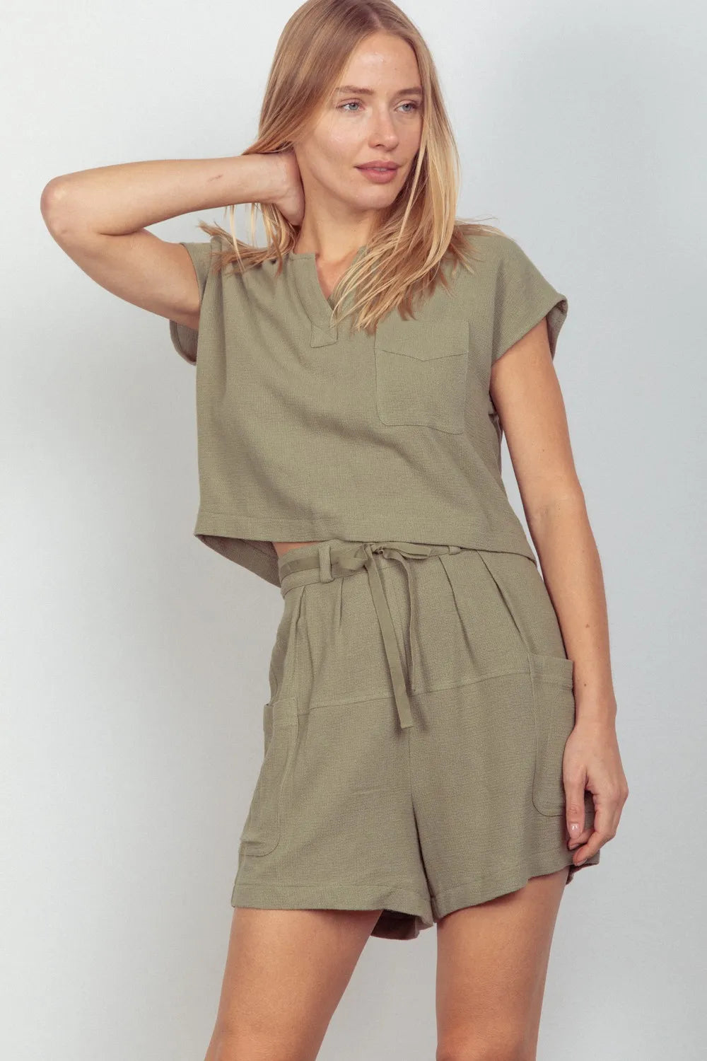 VERY J Woven Cropped Top & Waist Tie Shorts Set SAGE 61ddfac2-ff79-4dfd-8c65-347999591943-Max
