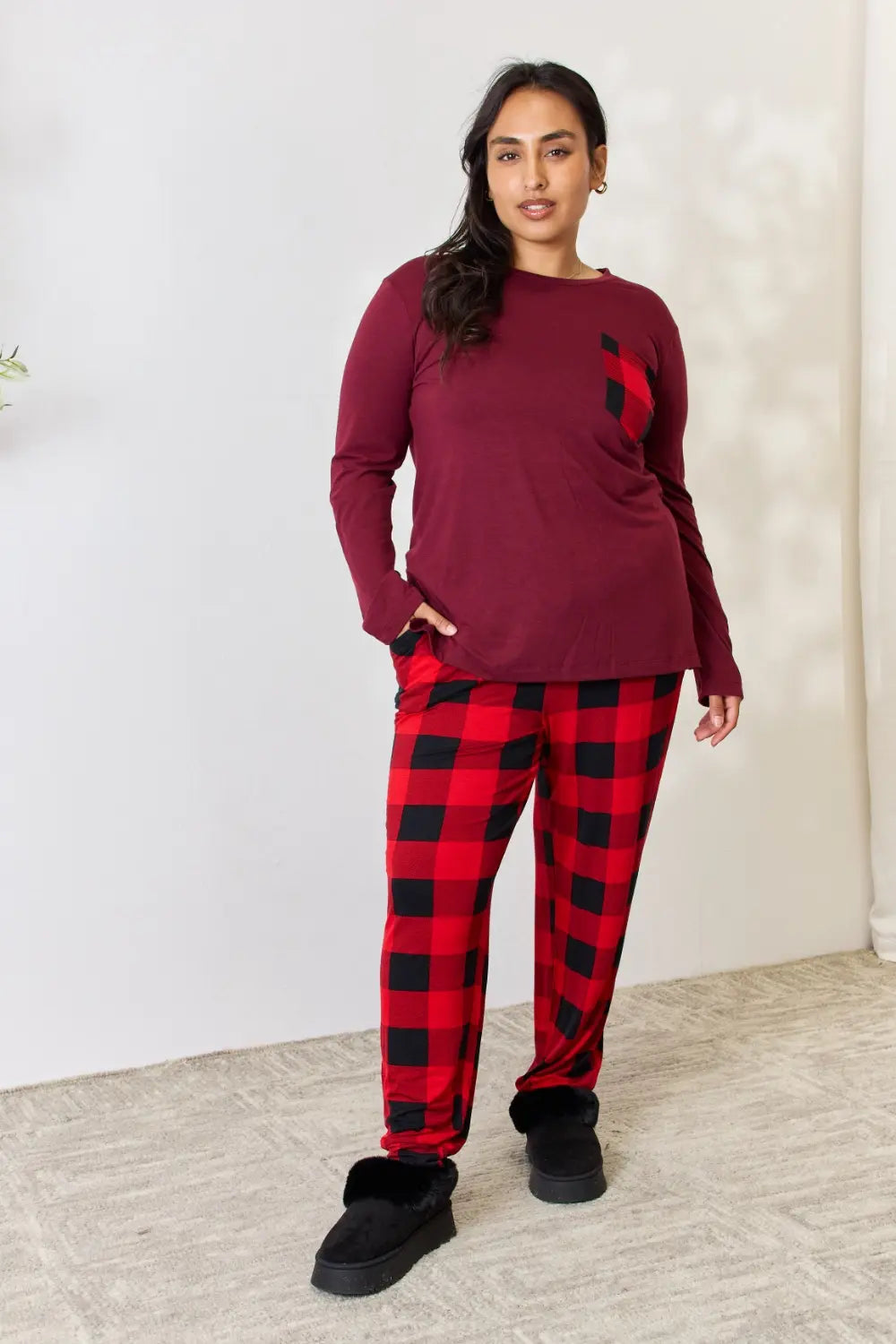Zenana Full Size Plaid Round Neck Top and Pants Pajama Set Dark Burgundy 61e6ae028d314b289bc63293519758aa-Max