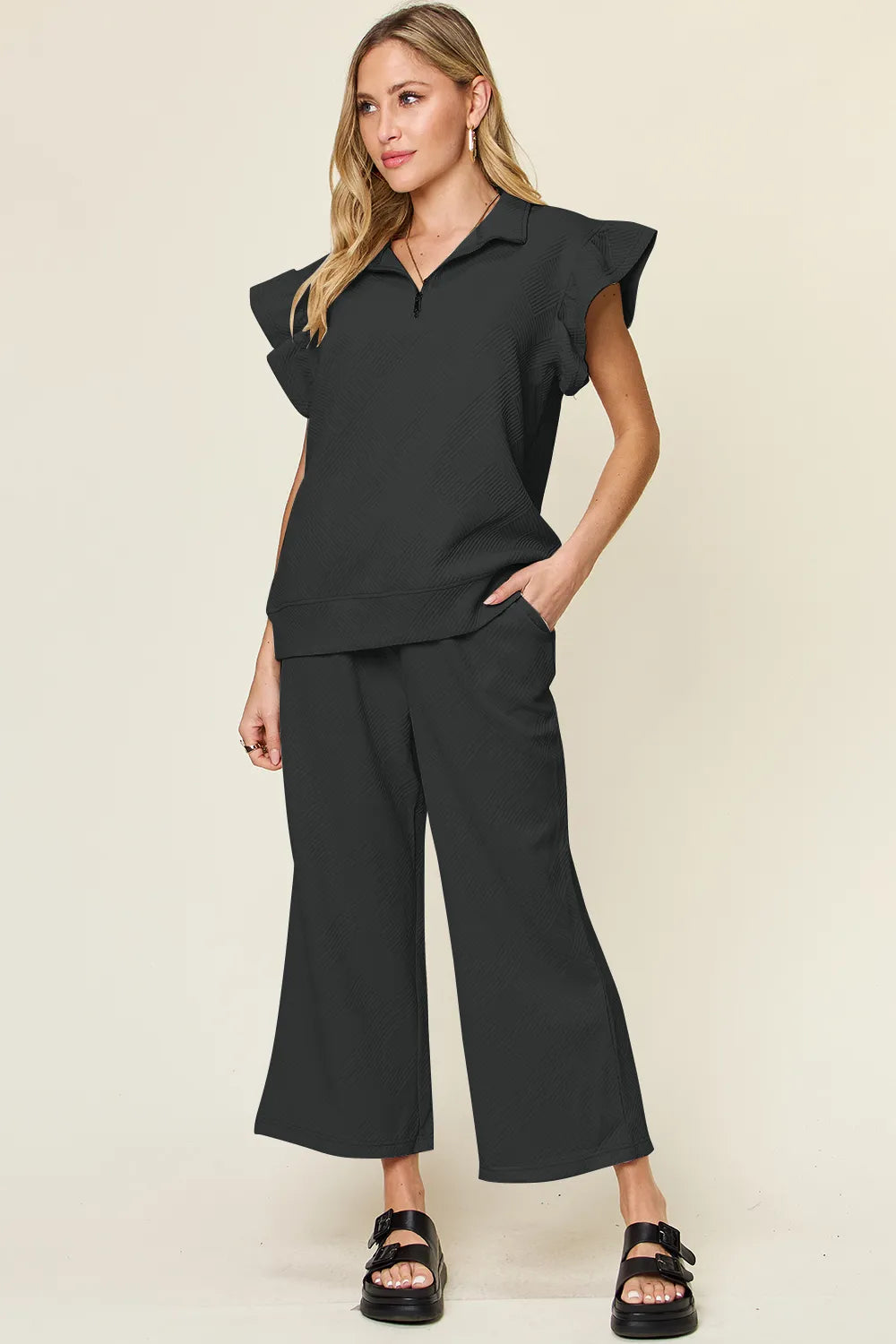 Double Take Texture Ruffle Short Sleeve Top and Drawstring Wide Leg Pants Set Black 61f12674-5d6d-4bad-9299-70078de8a8ff-Max