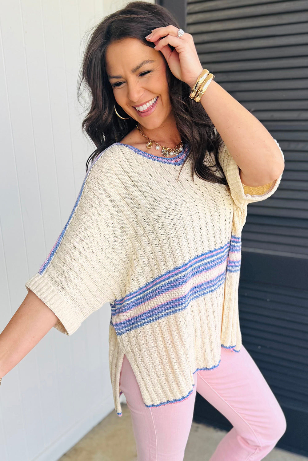 White Striped V Neck Dolman Sleeve Knit Sweater 62022e7698a404fd
