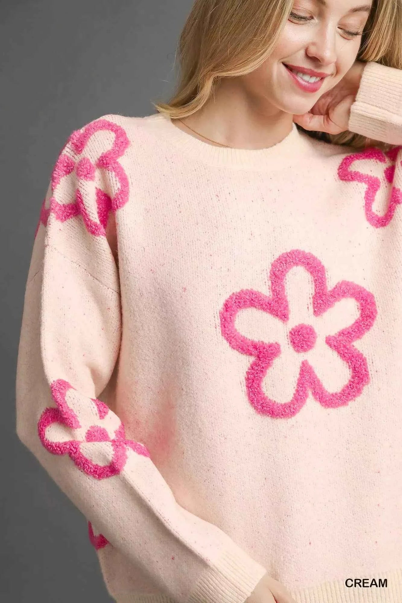 Umgee Round Neck Sweater with Pink Floral Accents 6204d5bf-28f0-4d2e-bf7f-a23e6ba91bf8-Max-Origin